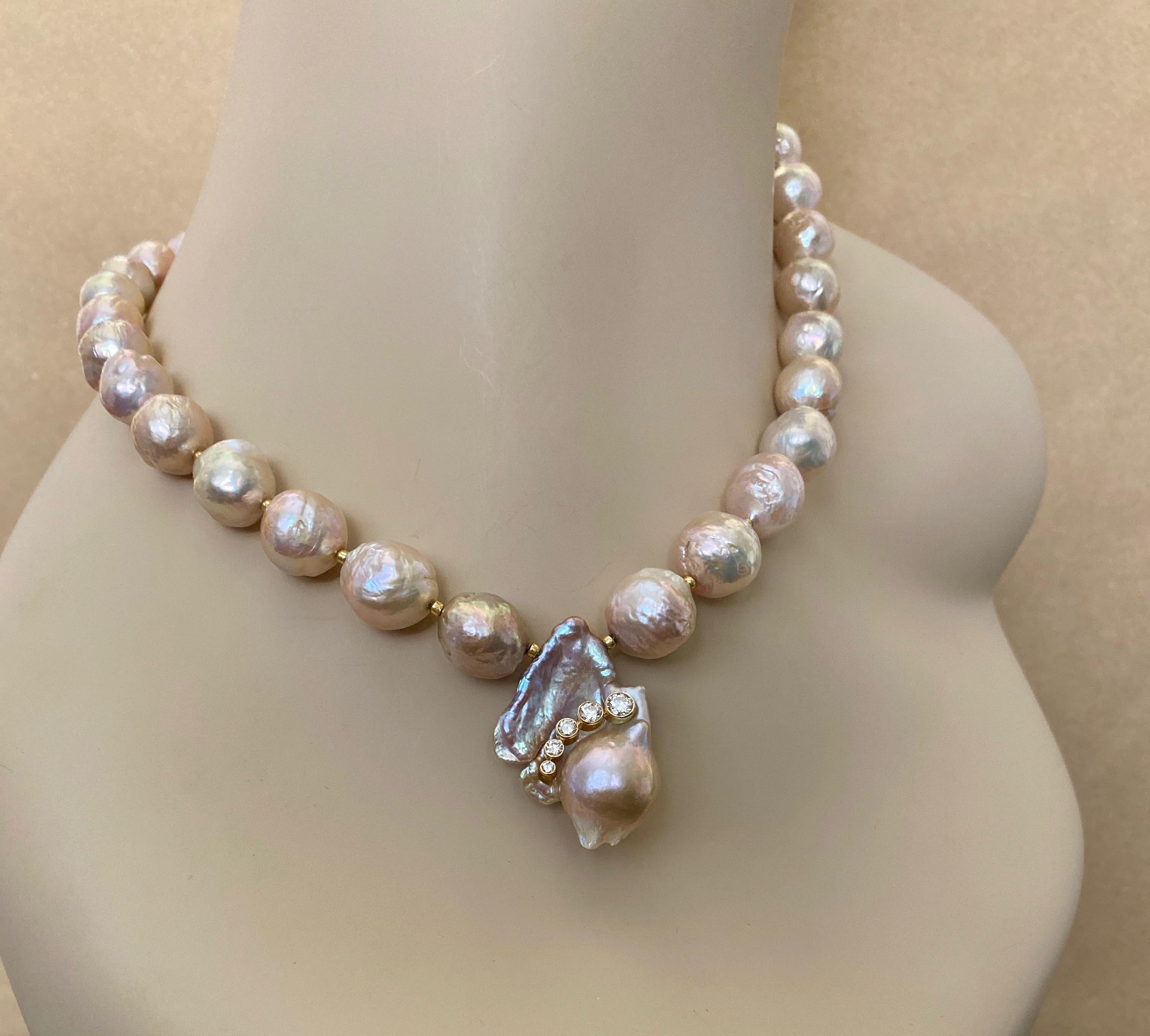 Offered here is a superb Kasumi pearl and diamond necklace.  Japanese Kasumi pearls are cultivated in a hybrid freshwater mussel.  They are propagated in the upstream areas of Lake Kasumi-ga-Ura, some 40 miles northwest of Tokyo.  Kasumi pearls are