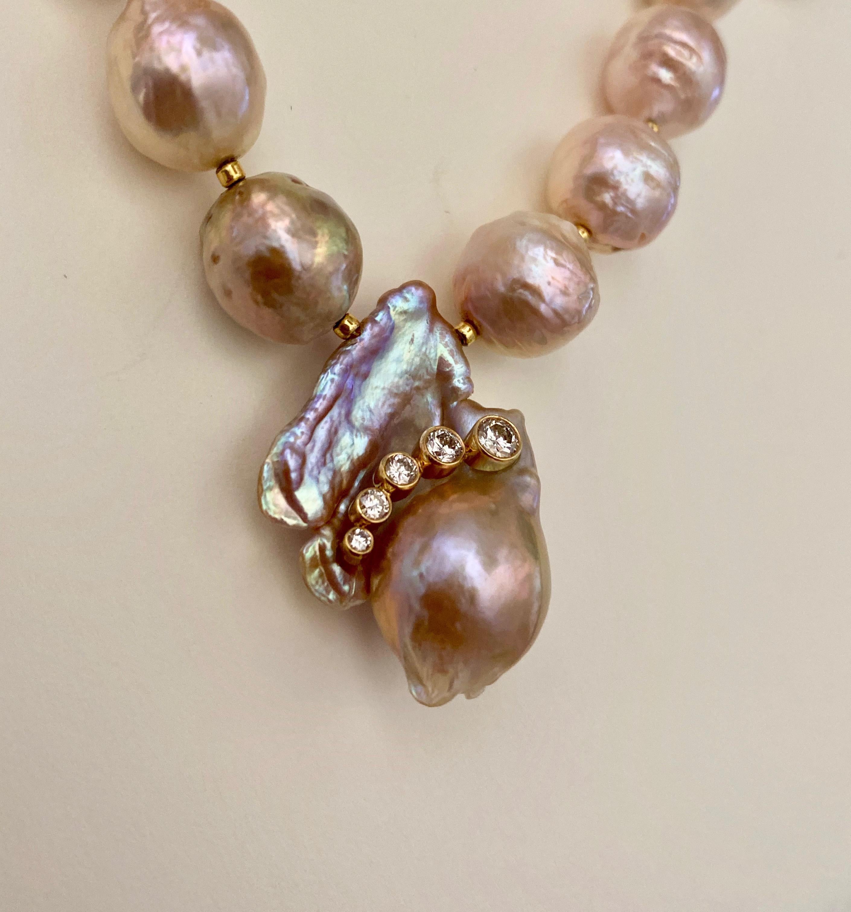 Contemporary Michael Kneebone Pink Kasumi Pearl White Diamond Necklace