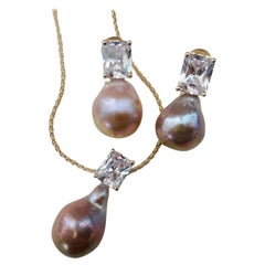 Michael Kneebone Pink Kasumi Pearl White Sapphire Drop Earring Pendant Suite
