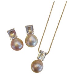 Michael Kneebone Pink Kasumi Pearl White Topaz Earring Pendant Suite
