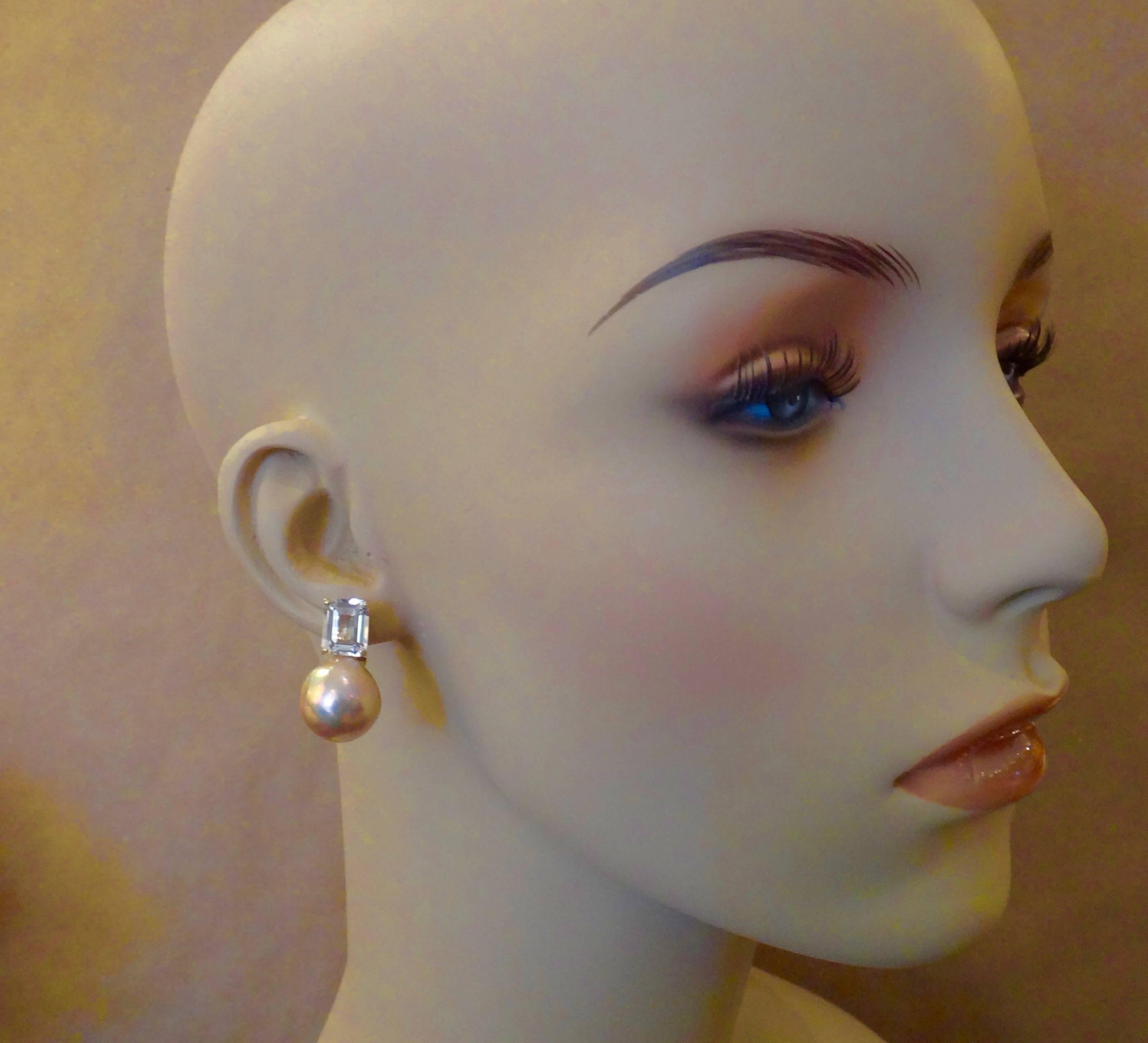 Emerald Cut Michael Kneebone Pink Kasumi Pearl White Topaz Earrings