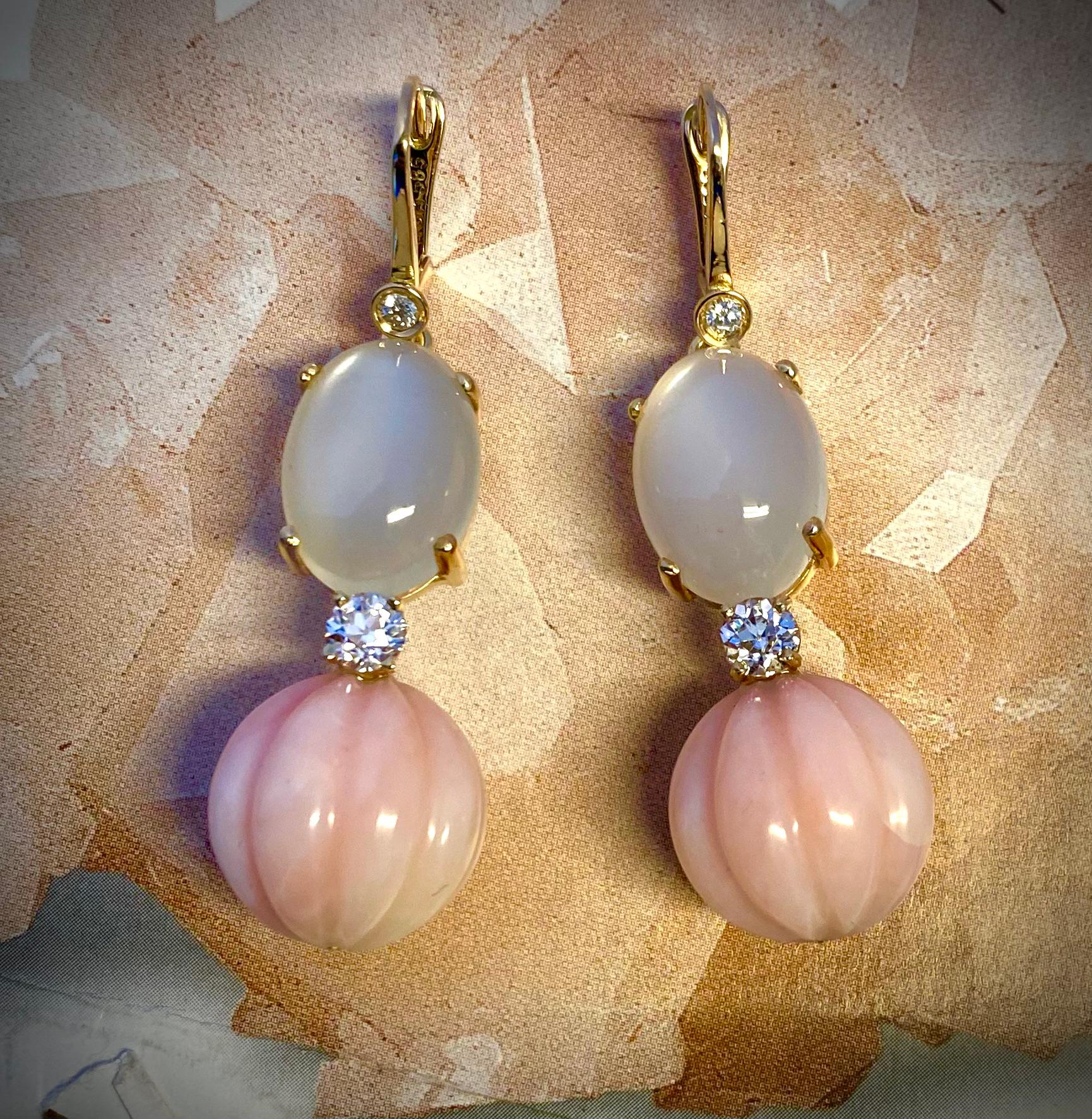 Michael Kneebone Pink Opal Moonstone Diamond Dangle Earrings In New Condition For Sale In Austin, TX
