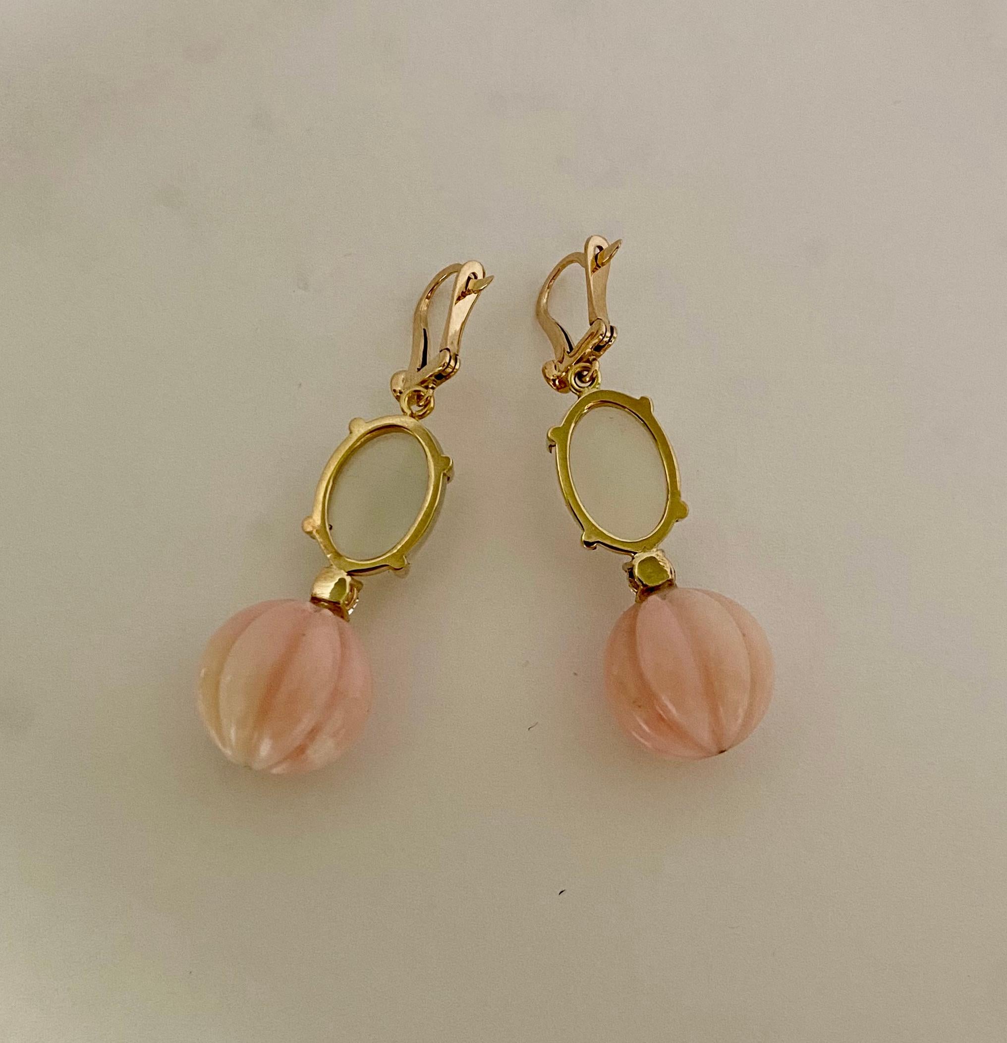 Michael Kneebone Pink Opal Moonstone Diamond Dangle Earrings For Sale 1