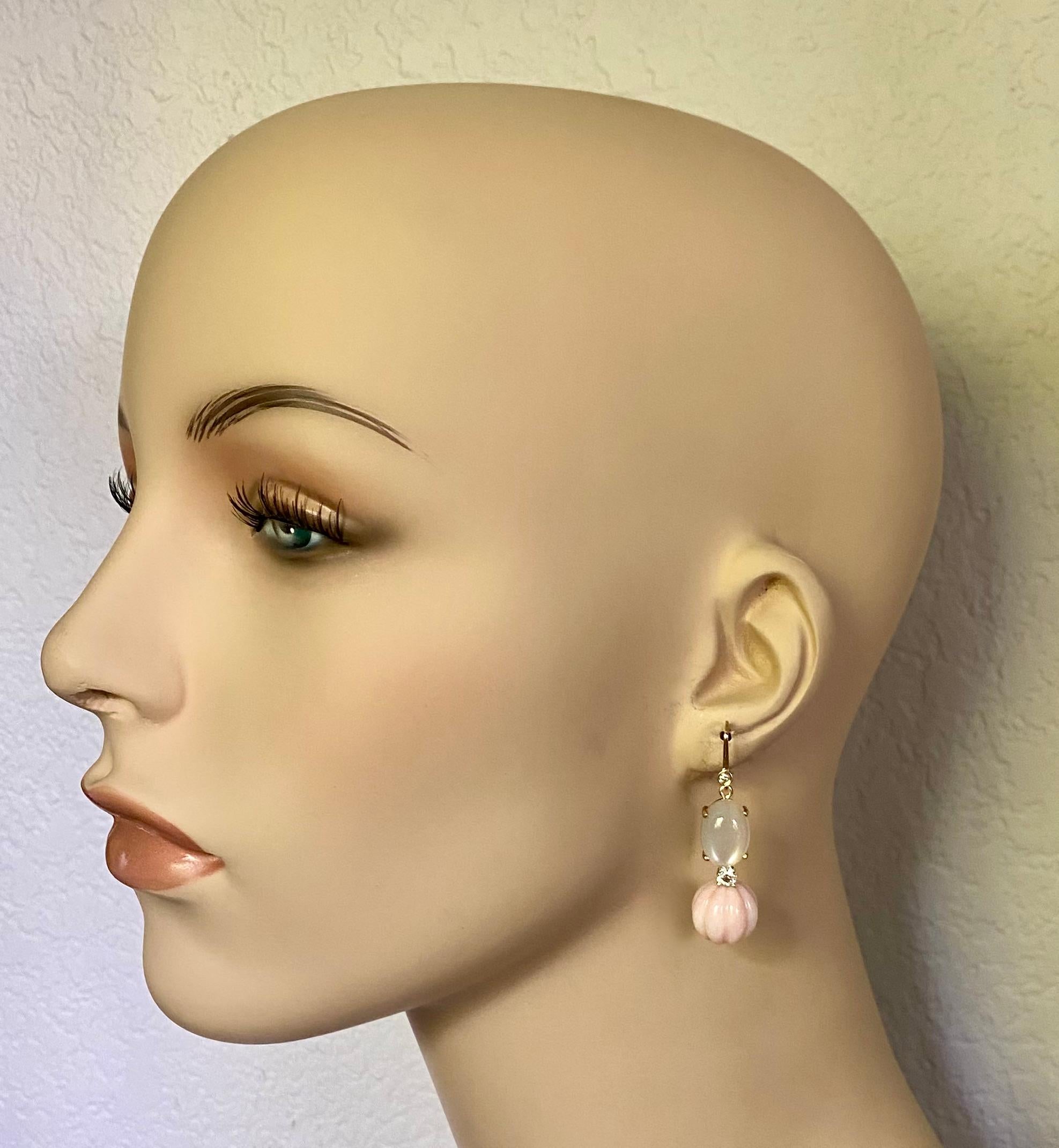 Michael Kneebone Pink Opal Moonstone Diamond Dangle Earrings For Sale 2
