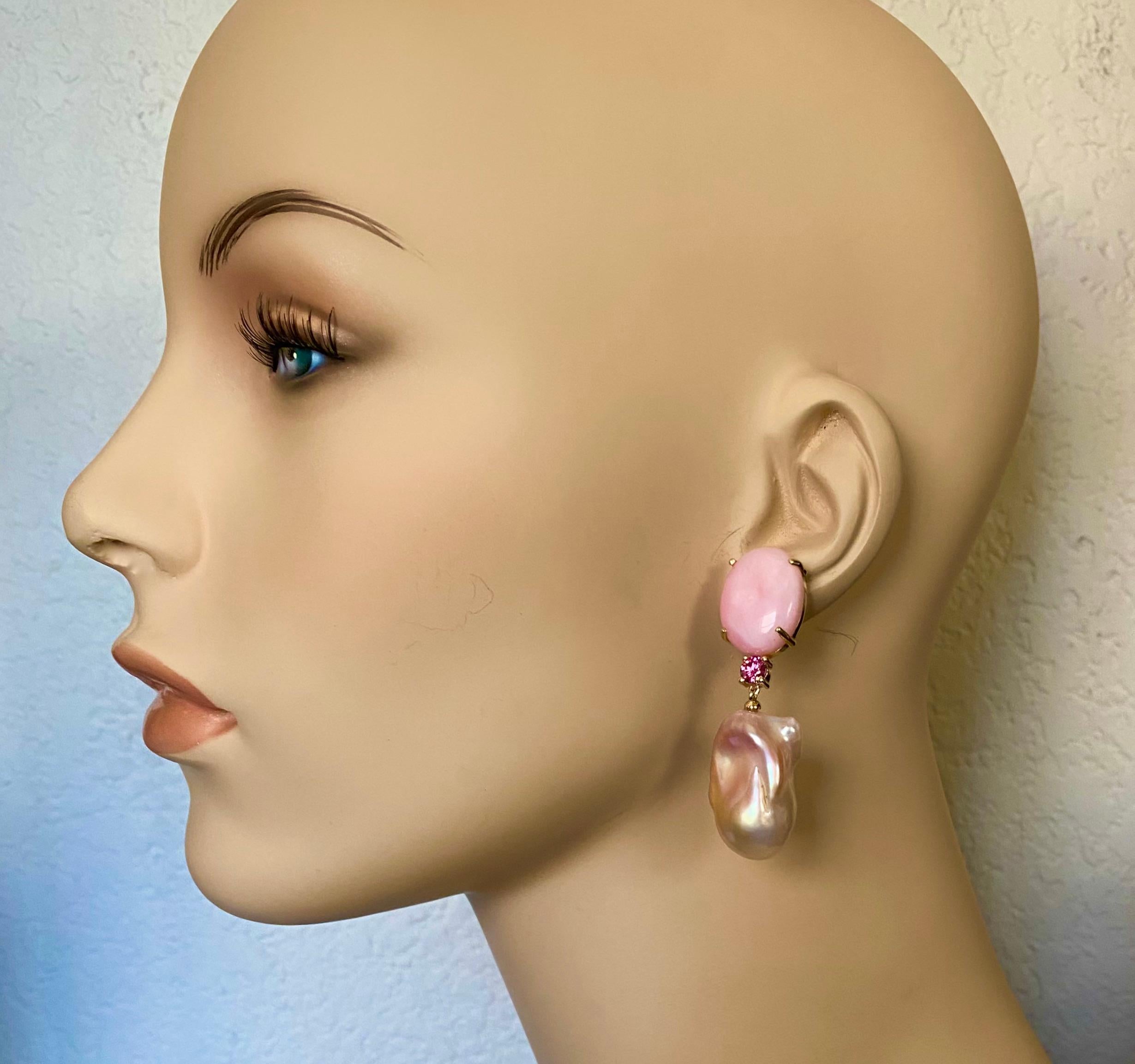 Michael Kneebone Pink Opal Pink Sapphire Blush Baroque Pearl Dangle Earrings For Sale 4
