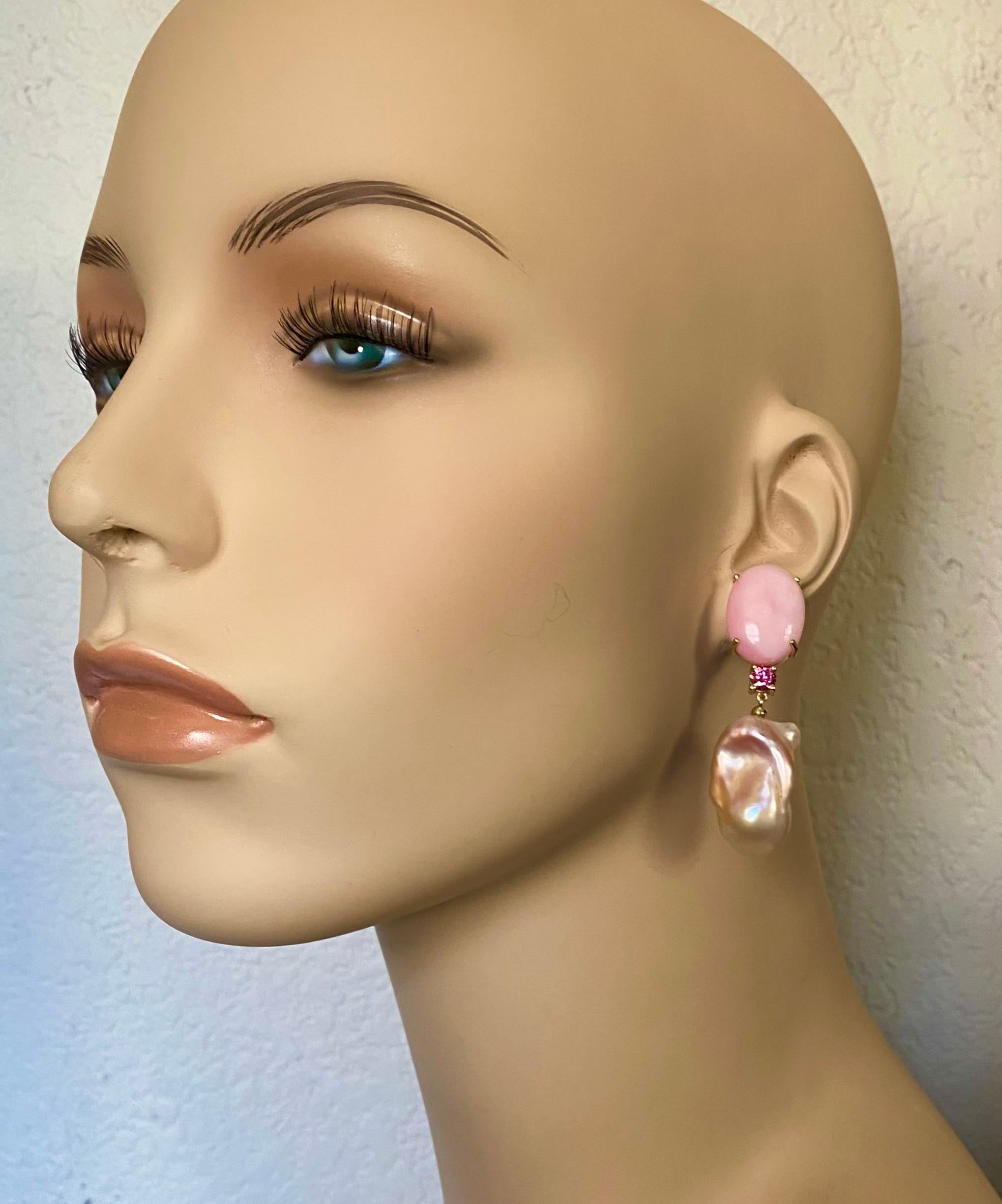 Mixed Cut Michael Kneebone Pink Opal Pink Sapphire Blush Baroque Pearl Dangle Earrings For Sale