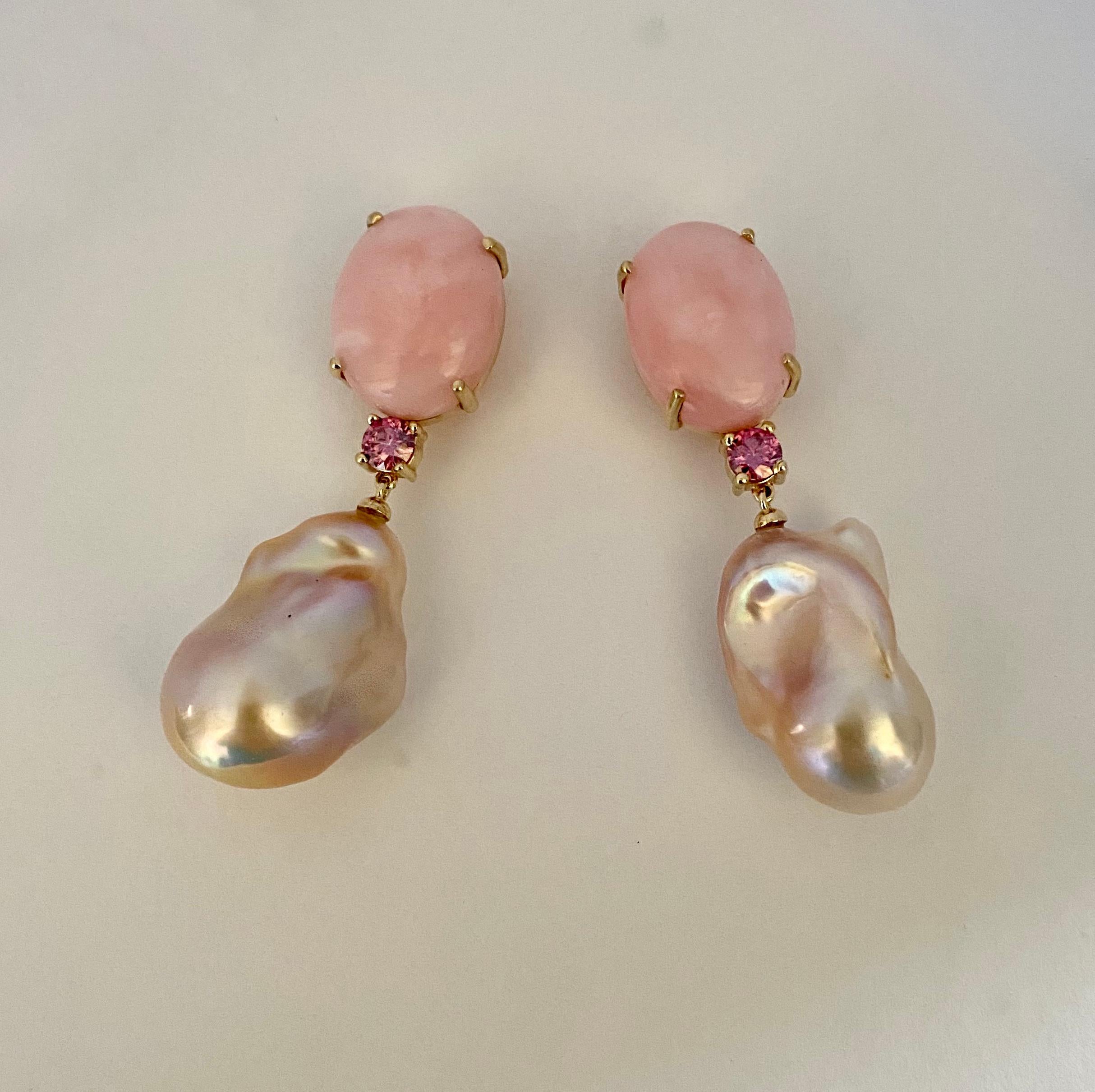 Michael Kneebone Pink Opal Pink Sapphire Blush Baroque Pearl Dangle Earrings In New Condition For Sale In Austin, TX