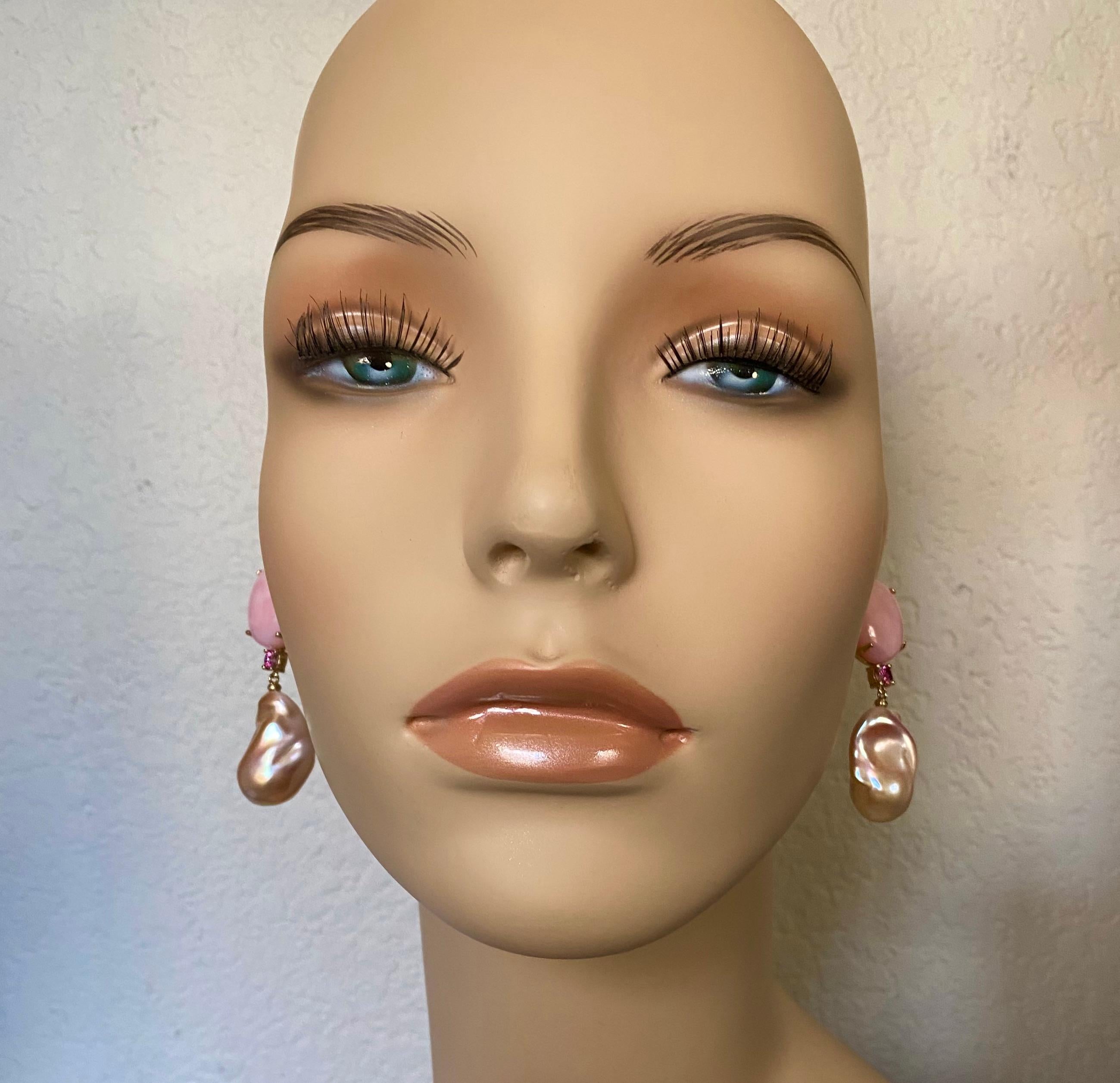 Women's Michael Kneebone Pink Opal Pink Sapphire Blush Baroque Pearl Dangle Earrings For Sale