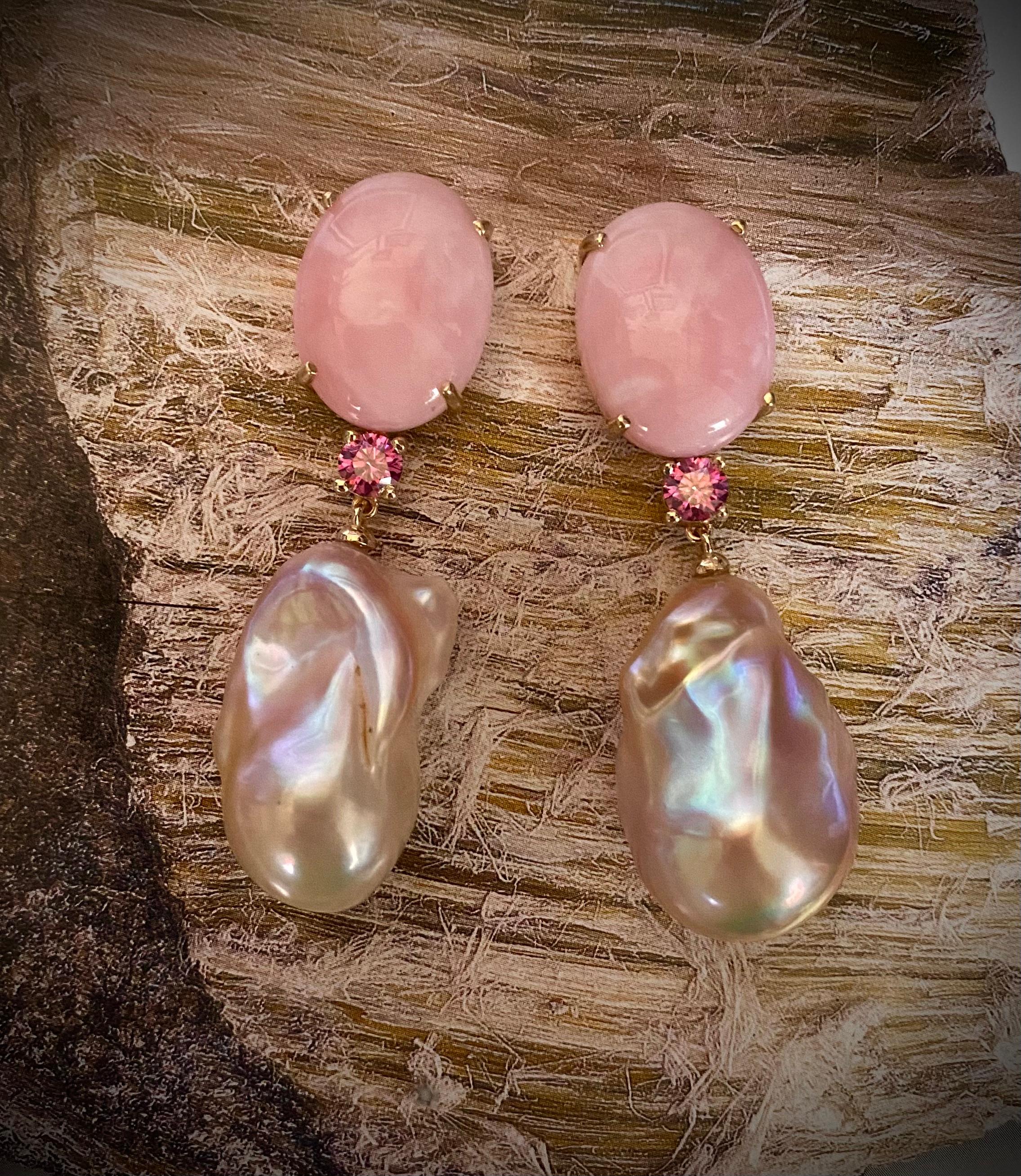 Michael Kneebone Pink Opal Pink Sapphire Blush Baroque Pearl Dangle Earrings For Sale 1