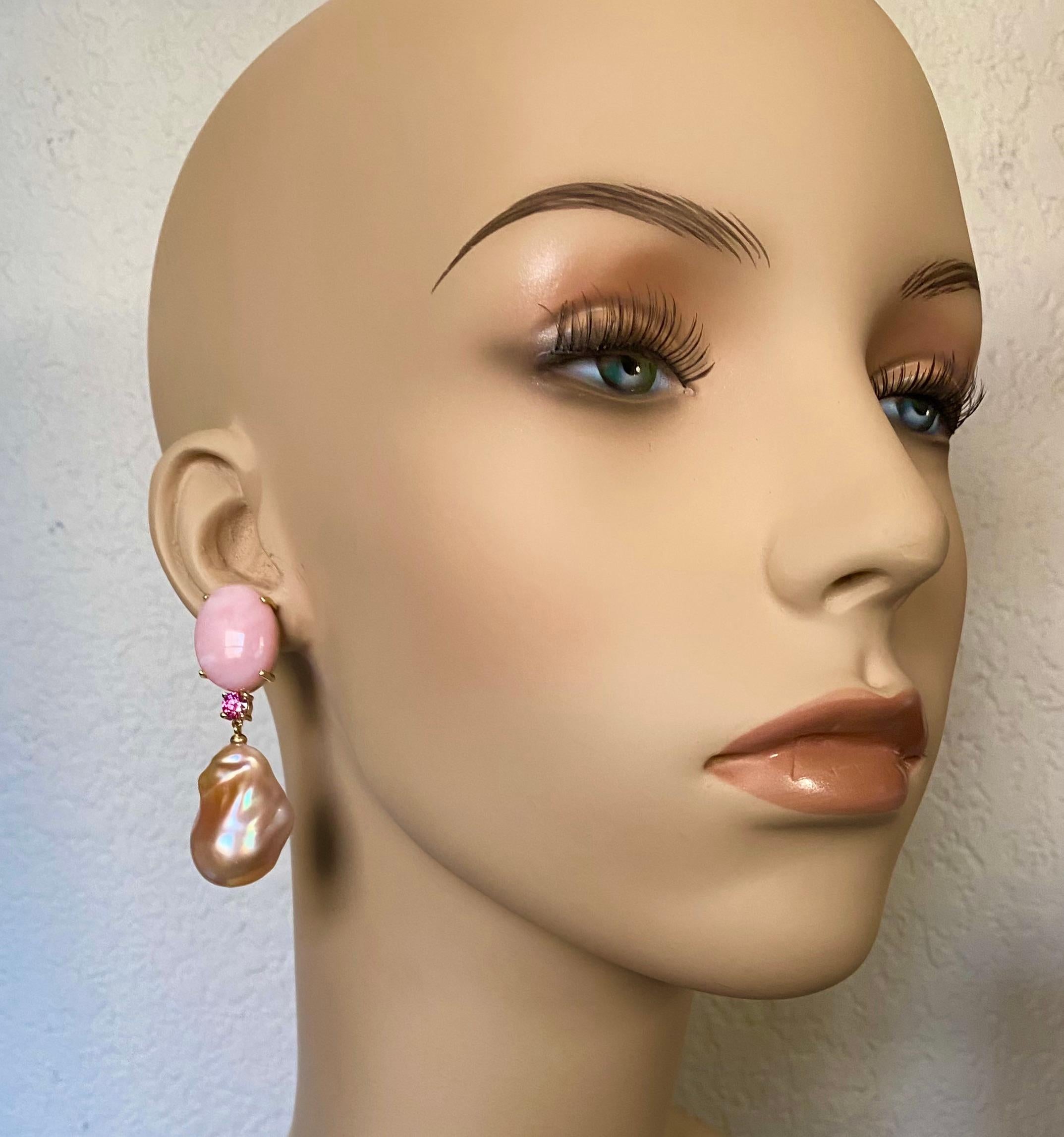 Michael Kneebone Pink Opal Pink Sapphire Blush Baroque Pearl Dangle Earrings For Sale 2
