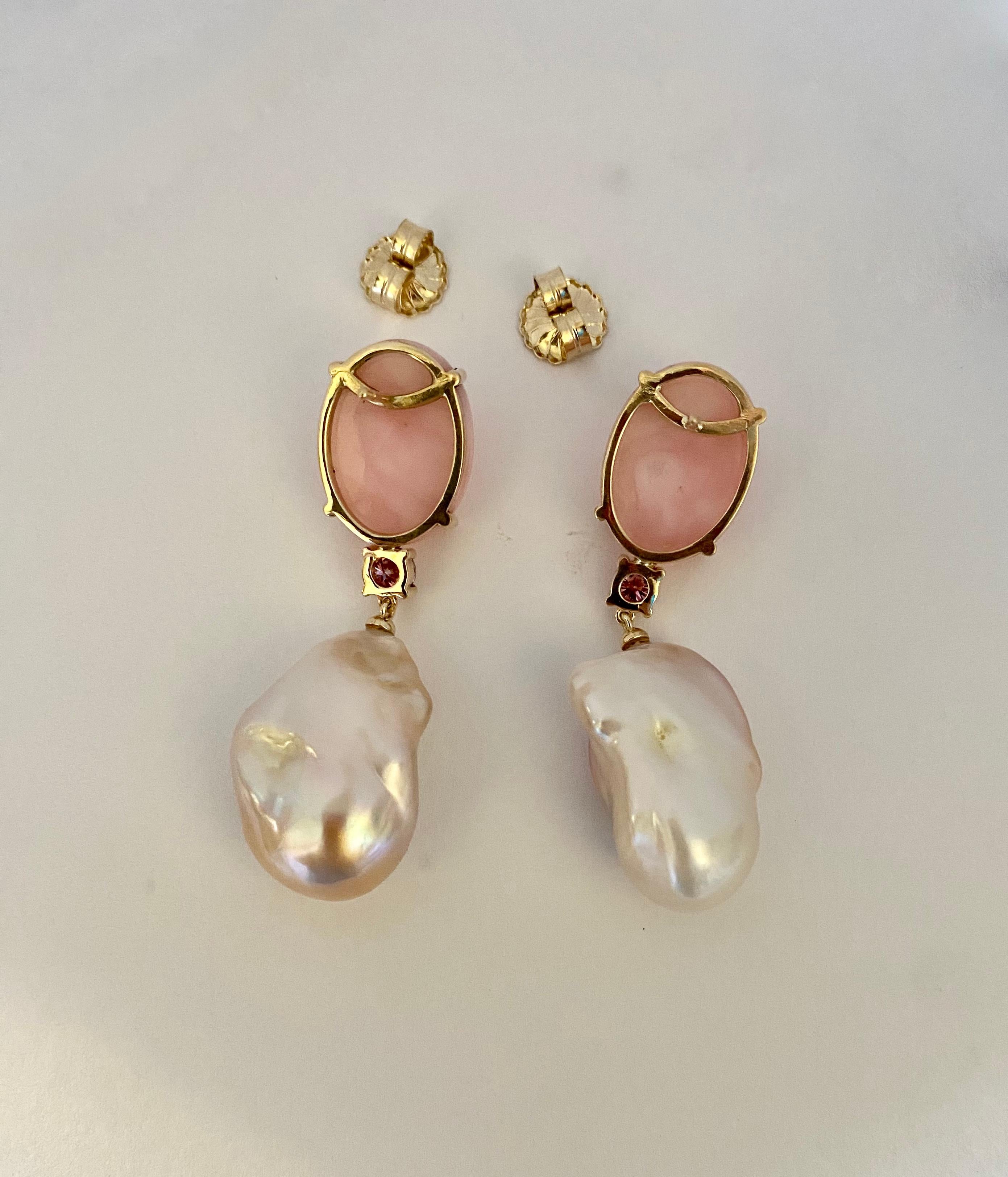 Michael Kneebone Pink Opal Pink Sapphire Blush Baroque Pearl Dangle Earrings For Sale 3