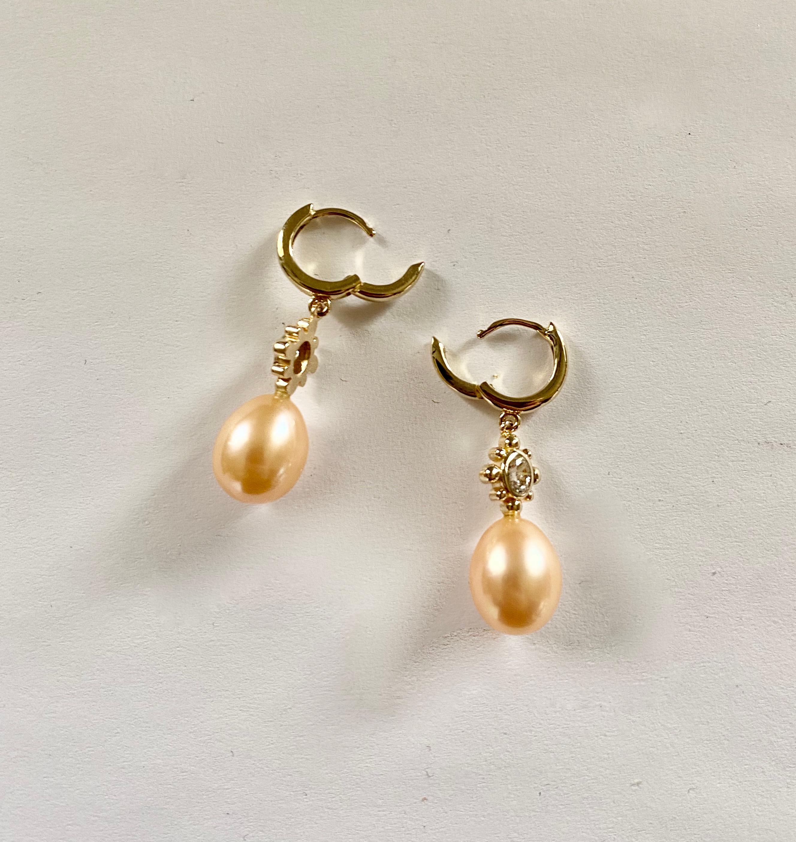 Michael Kneebone Pink Pearl Oval Diamond Dangle Earrings In New Condition For Sale In Austin, TX