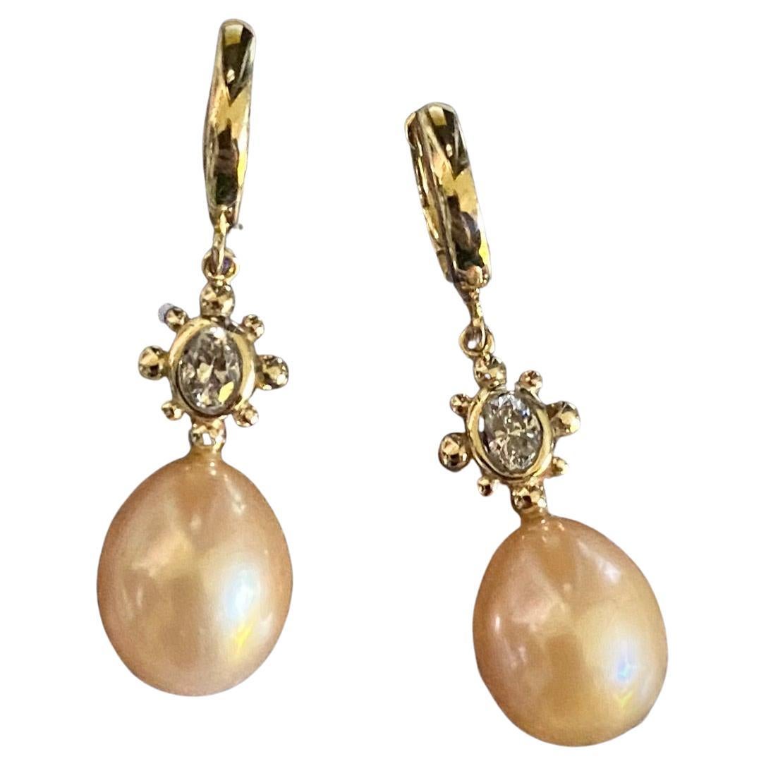 Michael Kneebone Pink Pearl Oval Diamond Dangle Earrings For Sale