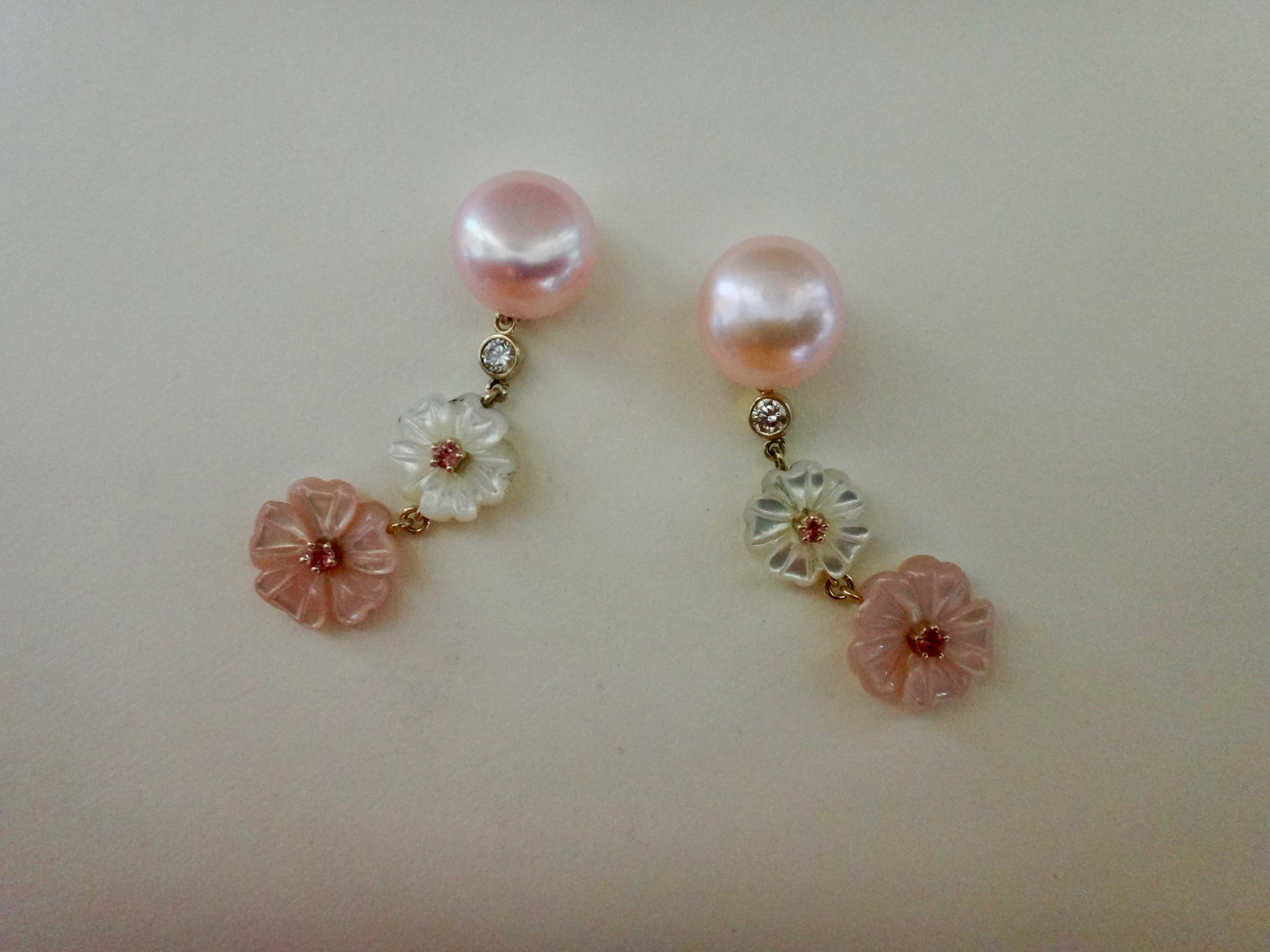 Contemporary Michael Kneebone Pink Pearl, Tourmaline, Diamond, Mother of Pearl Flower Earring
