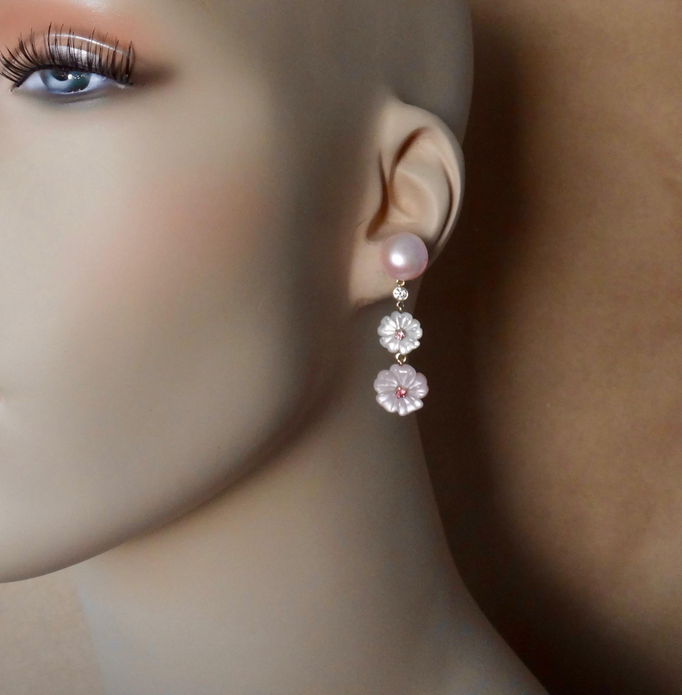 Michael Kneebone Pink Pearl, Tourmaline, Diamond, Mother of Pearl Flower Earring In New Condition In Austin, TX