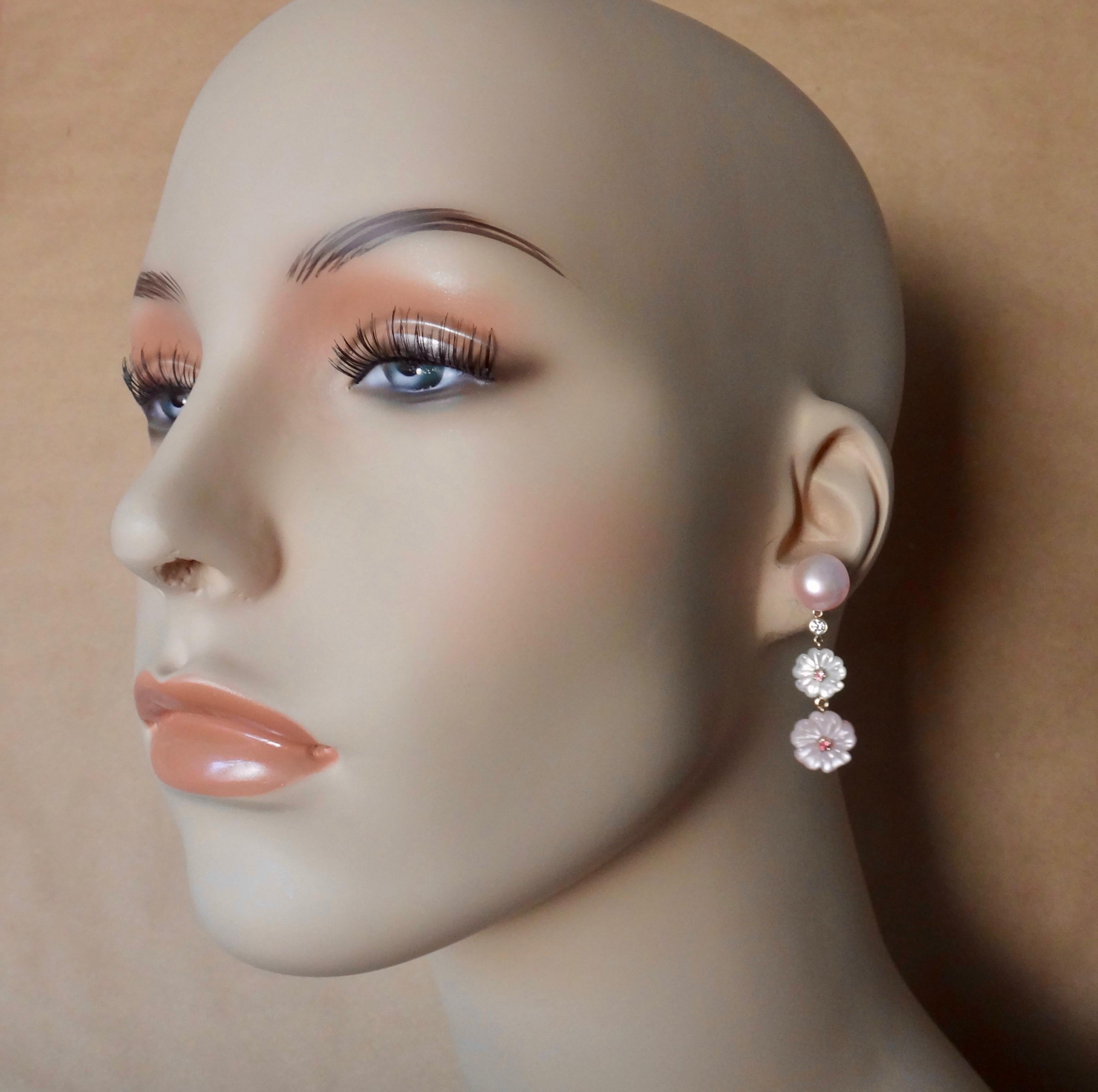 Michael Kneebone Pink Pearl, Tourmaline, Diamond, Mother of Pearl Flower Earring 1
