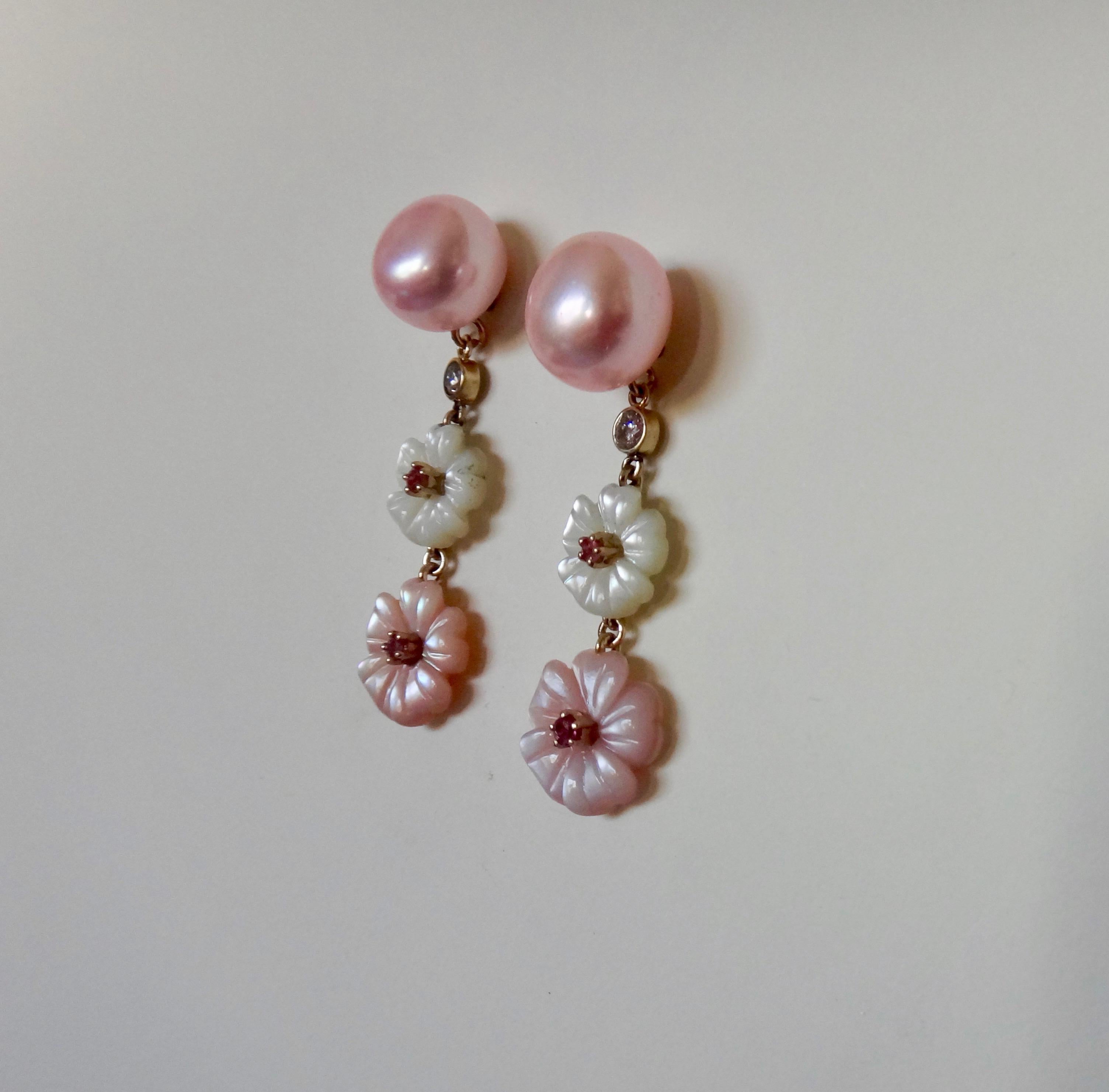 Michael Kneebone Pink Pearl, Tourmaline, Diamond, Mother of Pearl Flower Earring 2