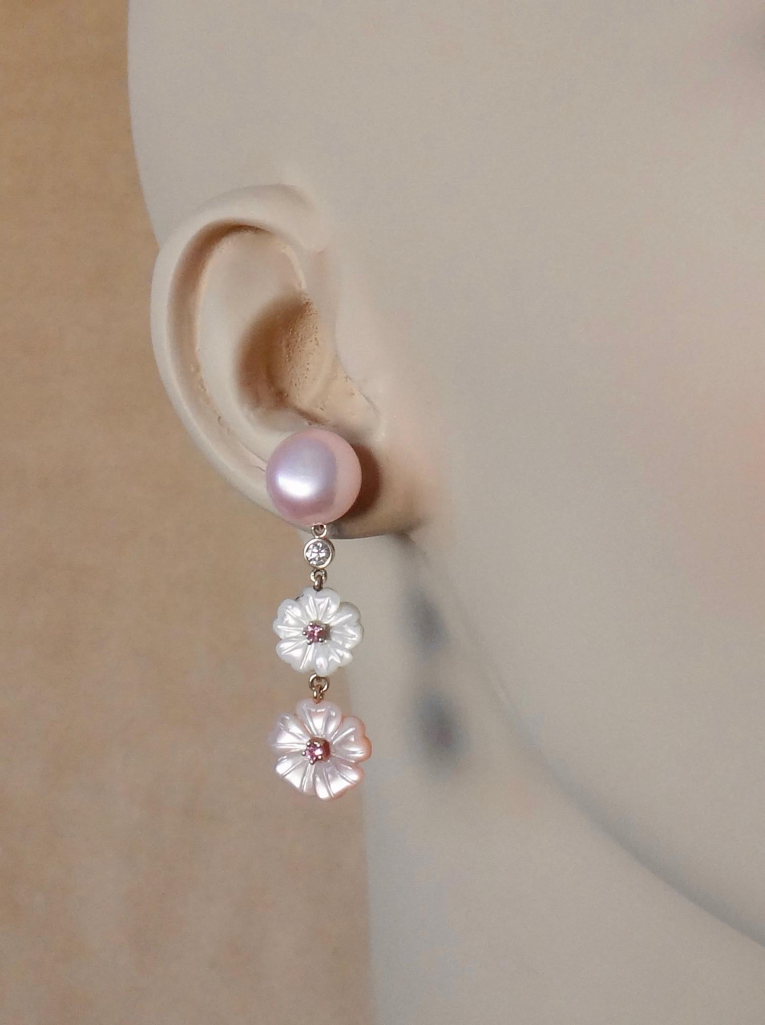 Michael Kneebone Pink Pearl, Tourmaline, Diamond, Mother of Pearl Flower Earring 3