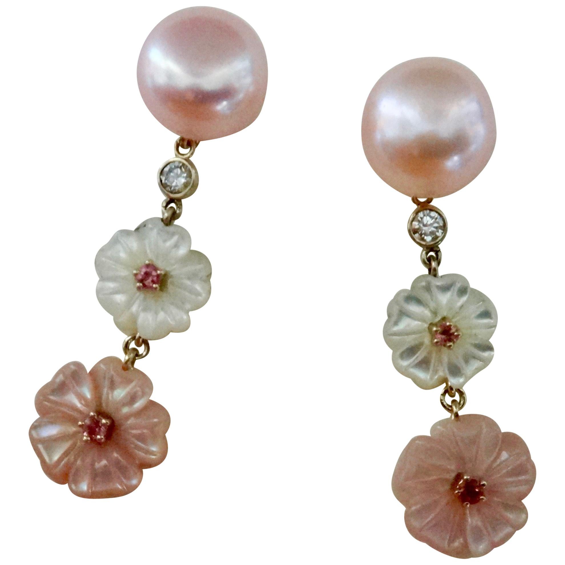 Michael Kneebone Pink Pearl, Tourmaline, Diamond, Mother of Pearl Flower Earring