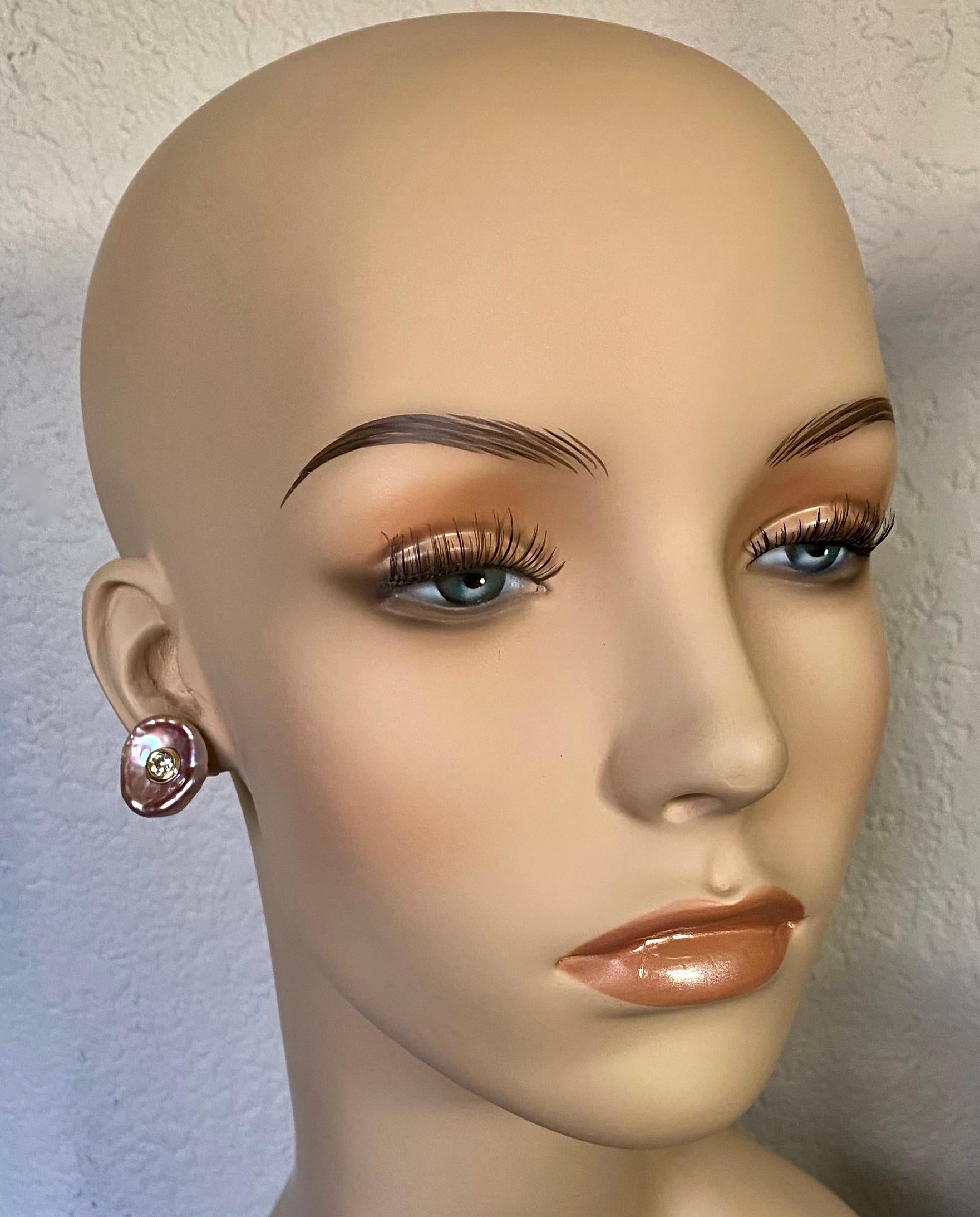Round Cut Michael Kneebone Pink Petal Pearl European Cut Diamond Earrings For Sale
