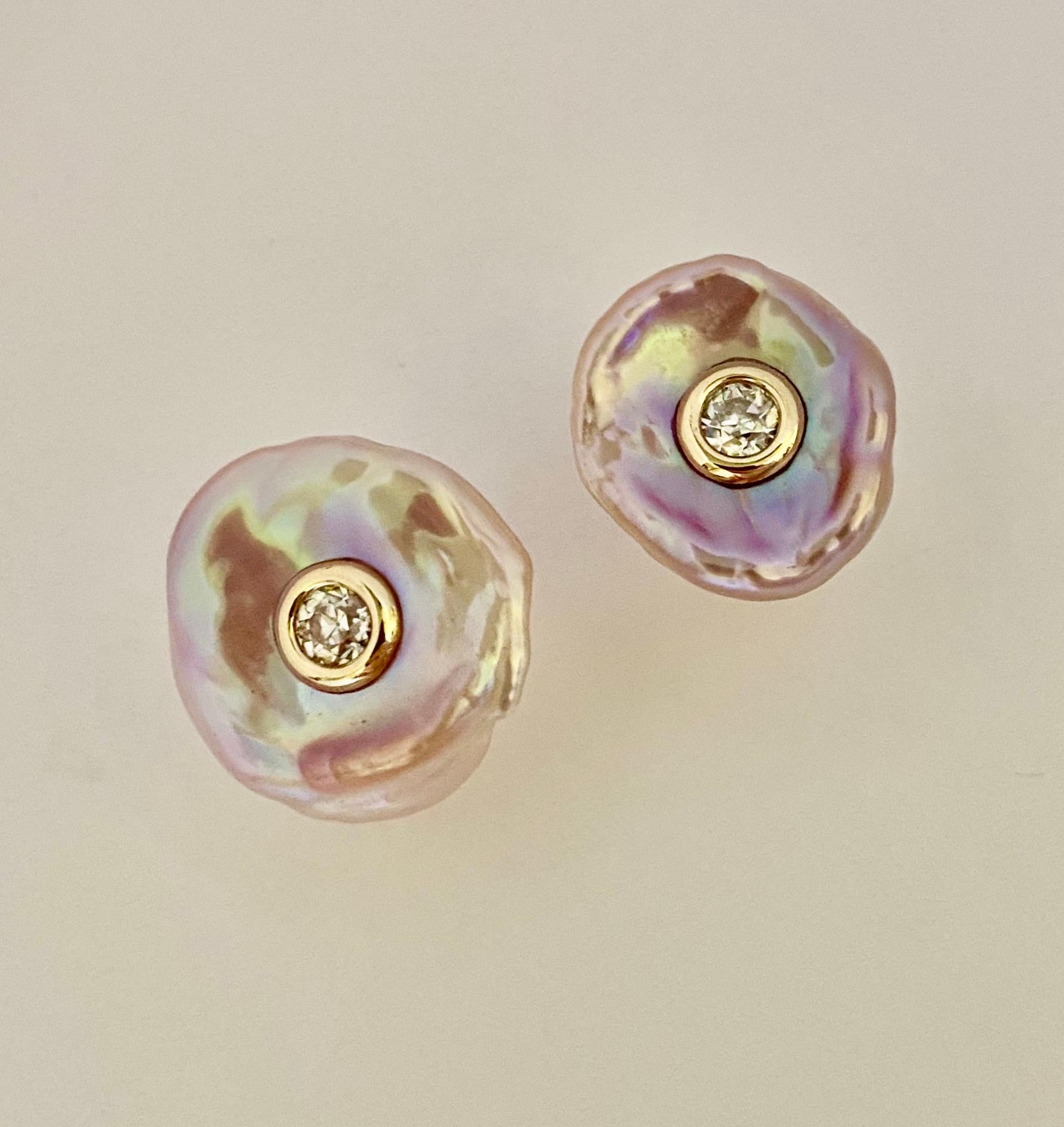 Michael Kneebone Pink Petal Pearl European Cut Diamond Earrings For Sale 1