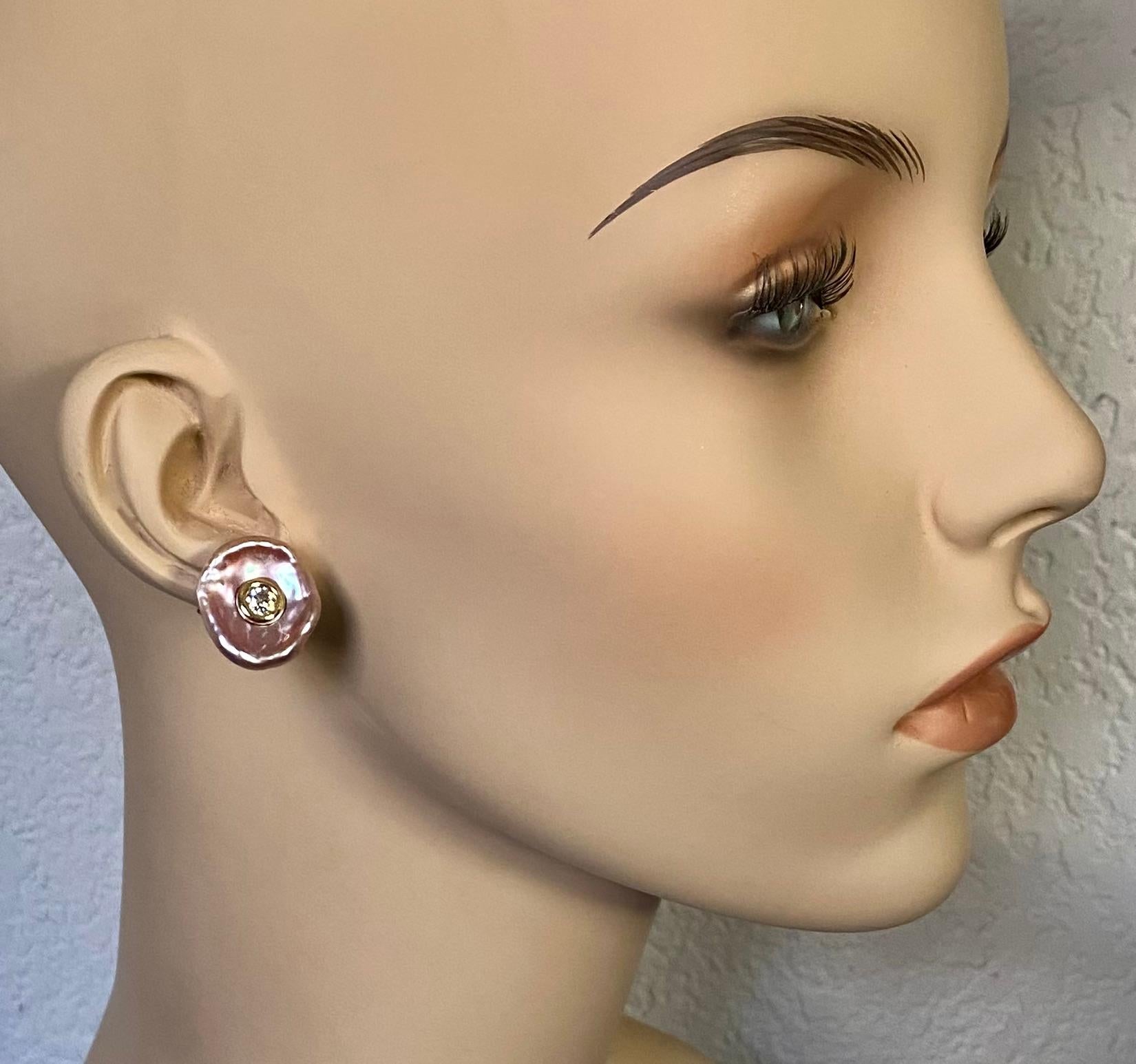 Michael Kneebone Pink Petal Pearl European Cut Diamond Earrings For Sale 2