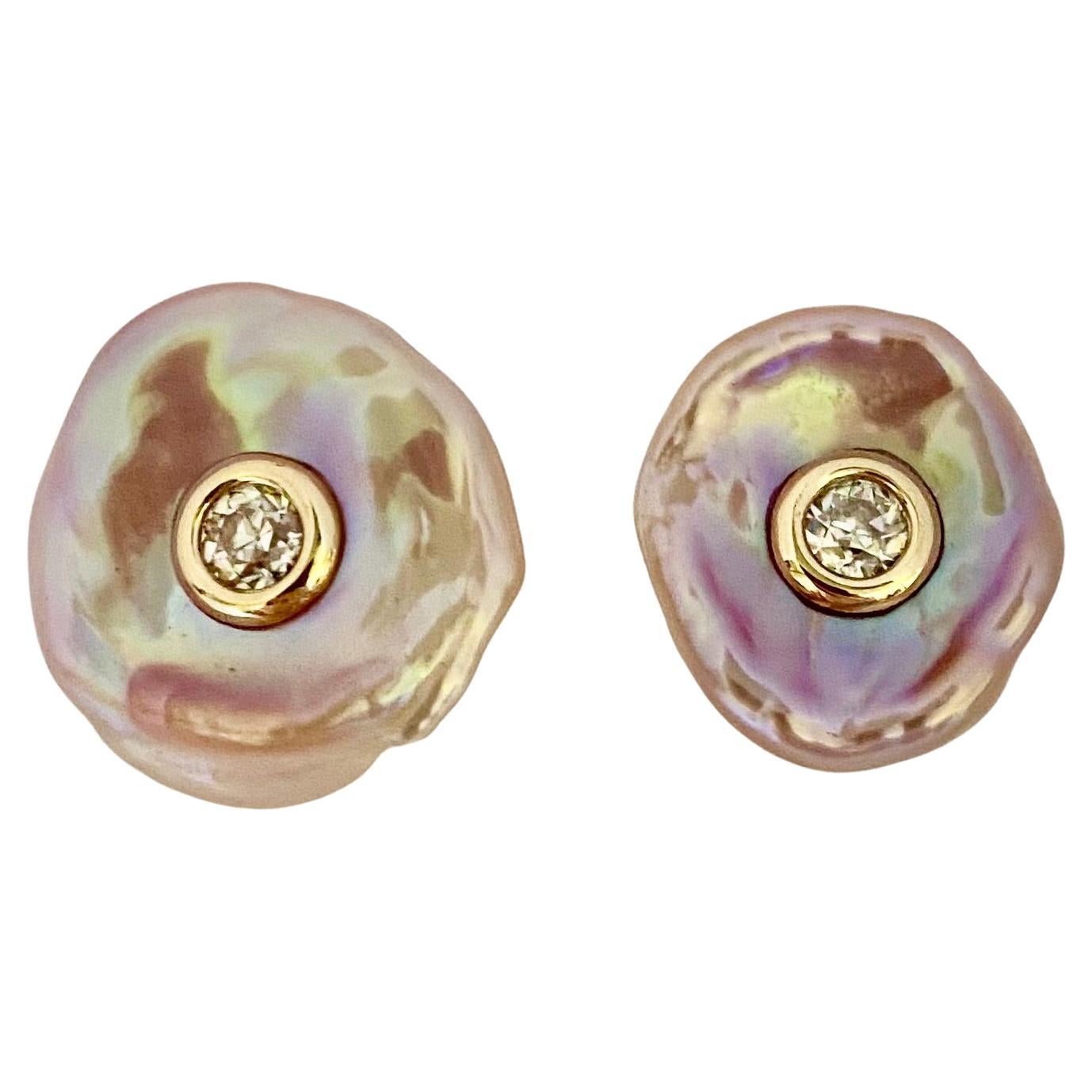 Michael Kneebone Pink Petal Pearl European Cut Diamond Earrings For Sale