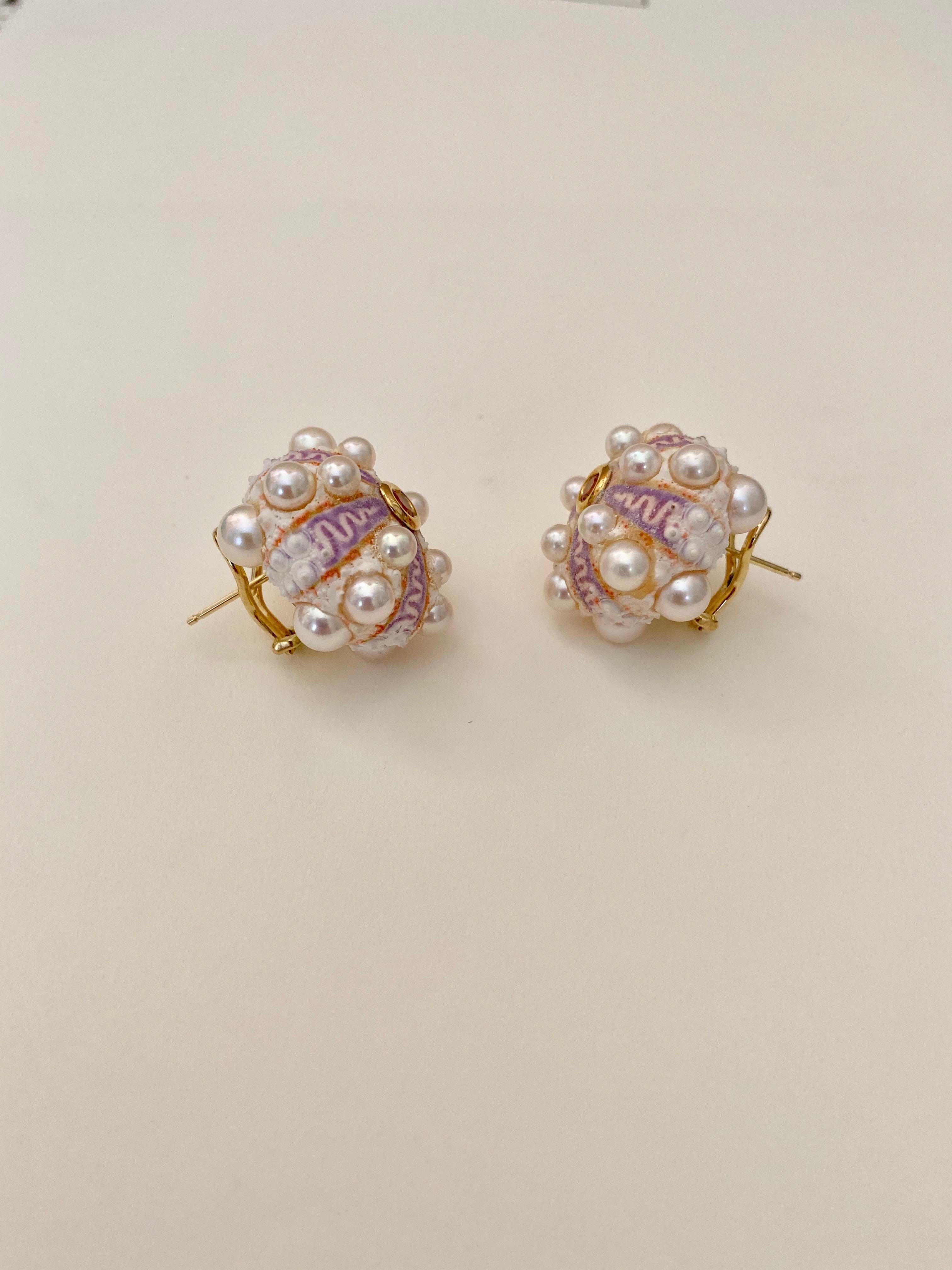 Michael Kneebone Pink Sapphire Akoya Pearl Sea Urchin Button Earrings For Sale 2