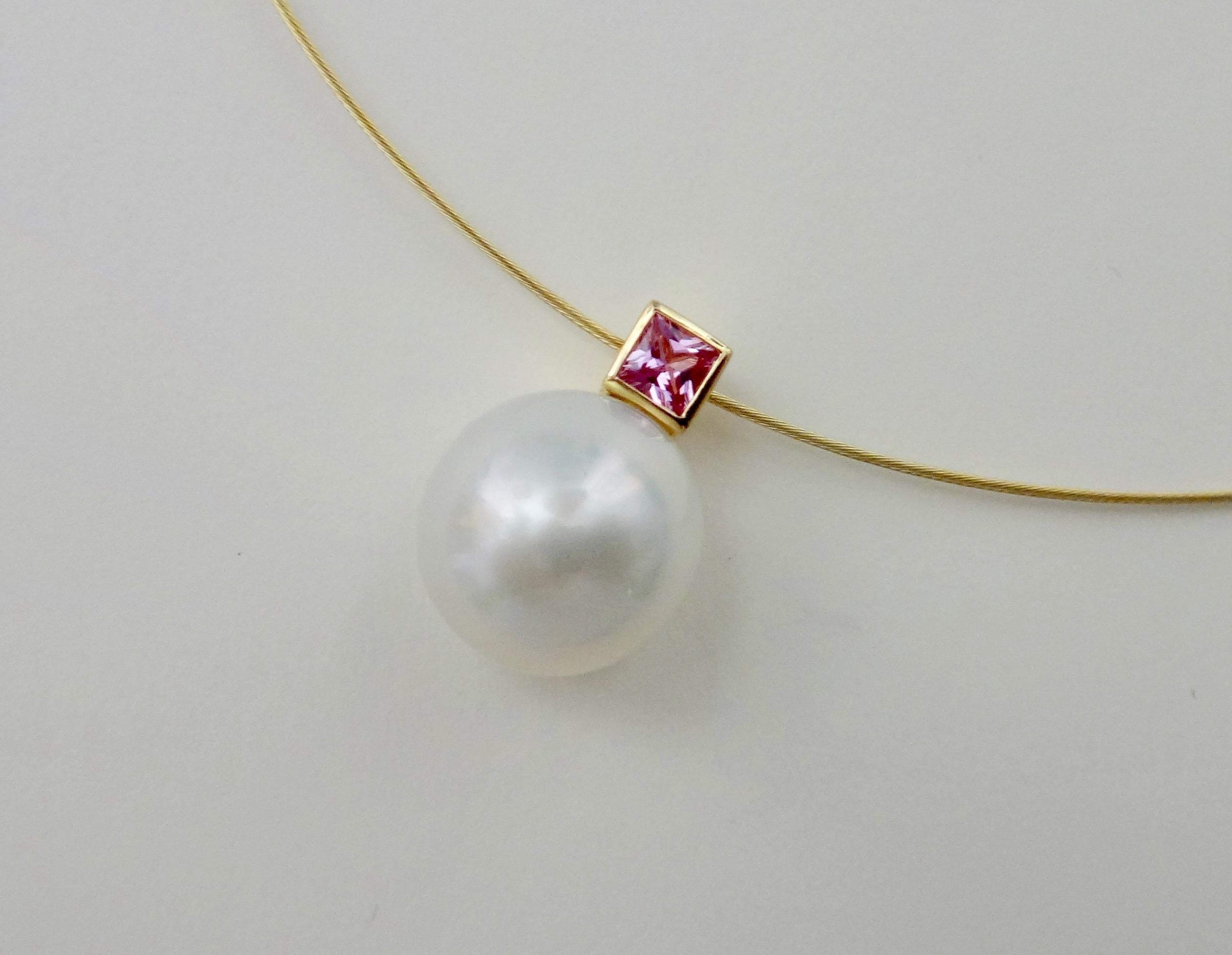 Square Cut Michael Kneebone Pink Sapphire Paspaley South Seas Pearl Pendant For Sale