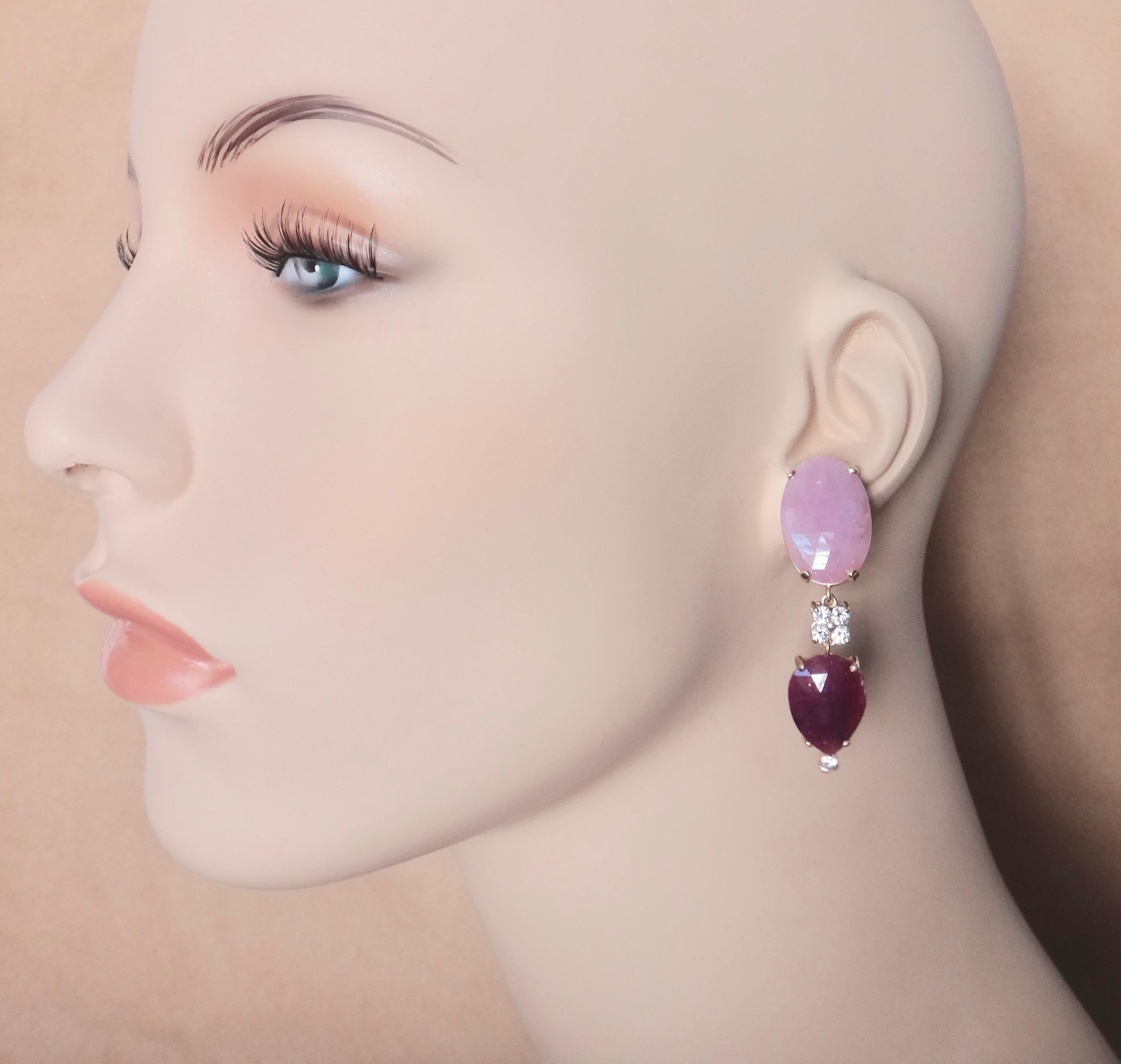 Michael Kneebone Pink Sapphire Ruby Slice White Diamond Dangle Earrings For Sale 4
