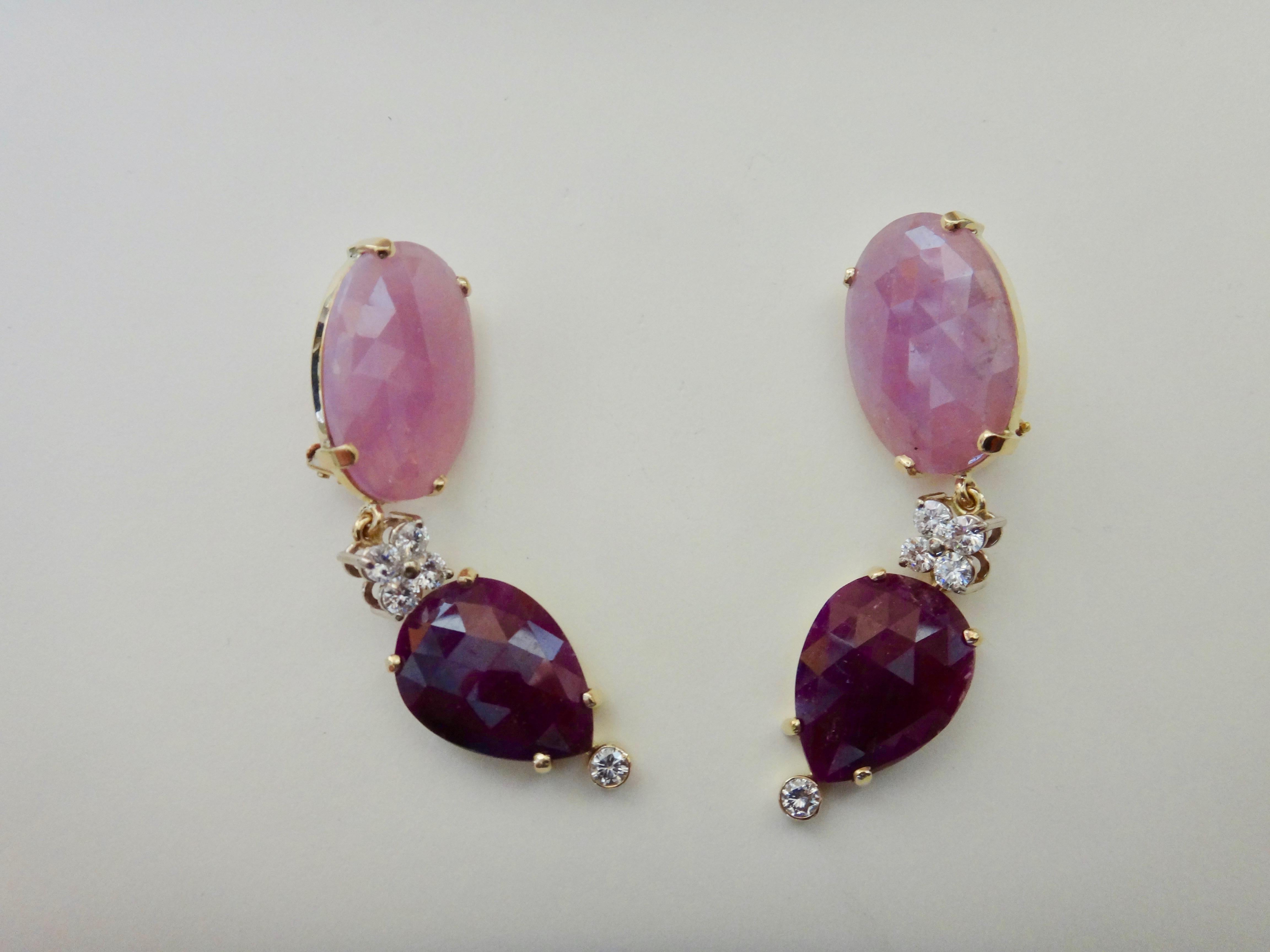 Michael Kneebone Pink Sapphire Ruby Slice White Diamond Dangle Earrings For Sale 5
