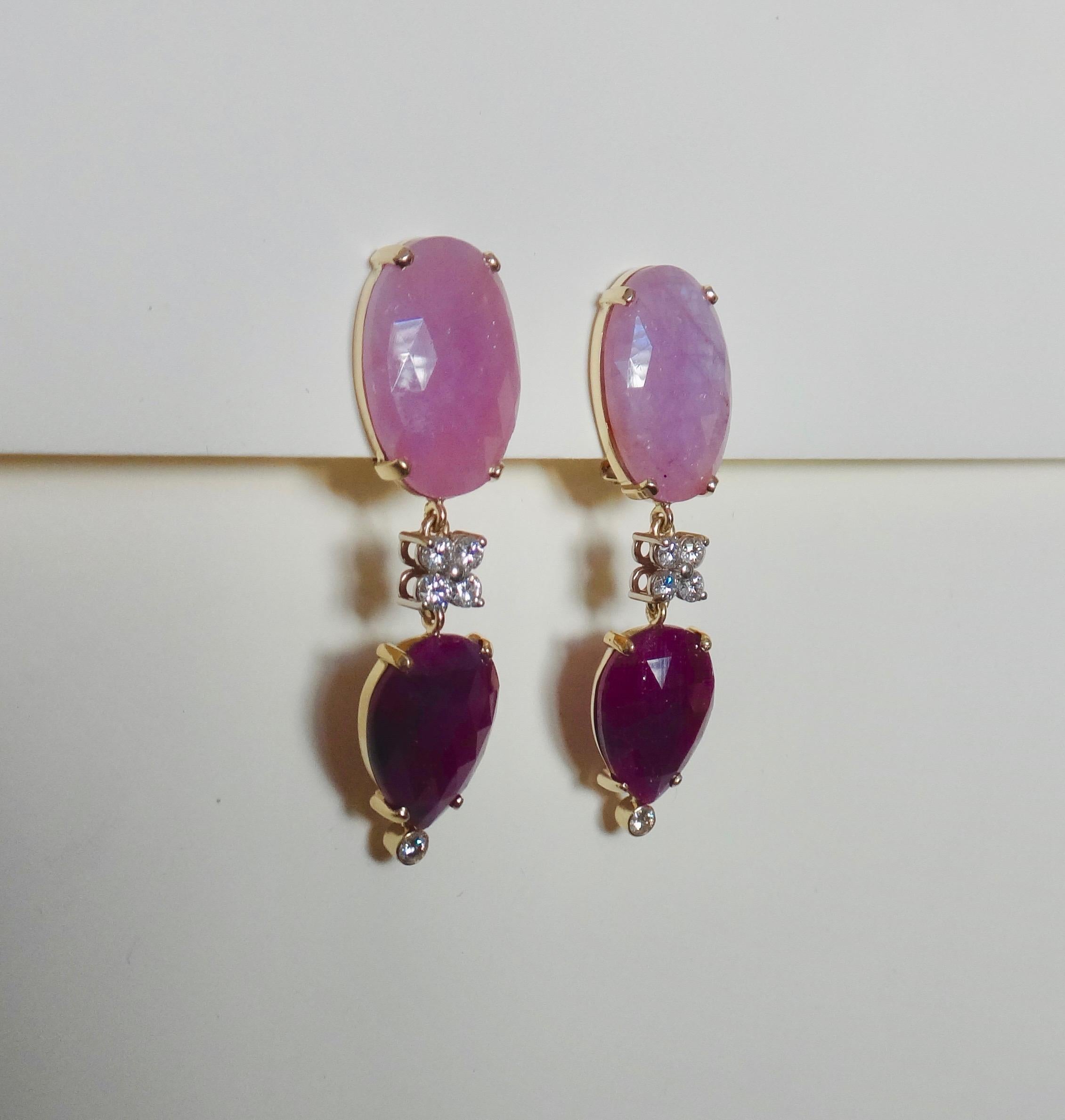 Contemporary Michael Kneebone Pink Sapphire Ruby Slice White Diamond Dangle Earrings For Sale