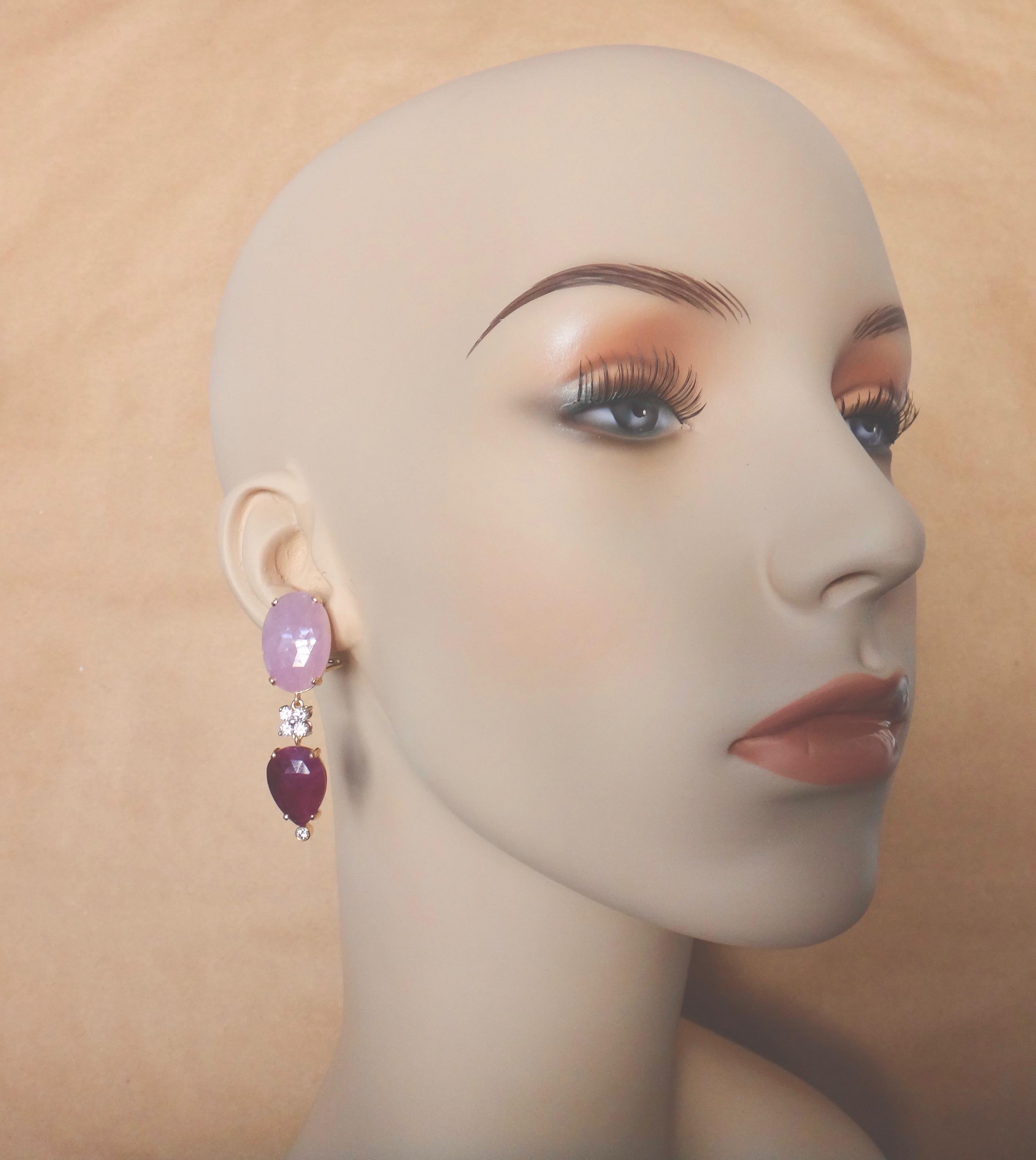 Mixed Cut Michael Kneebone Pink Sapphire Ruby Slice White Diamond Dangle Earrings For Sale