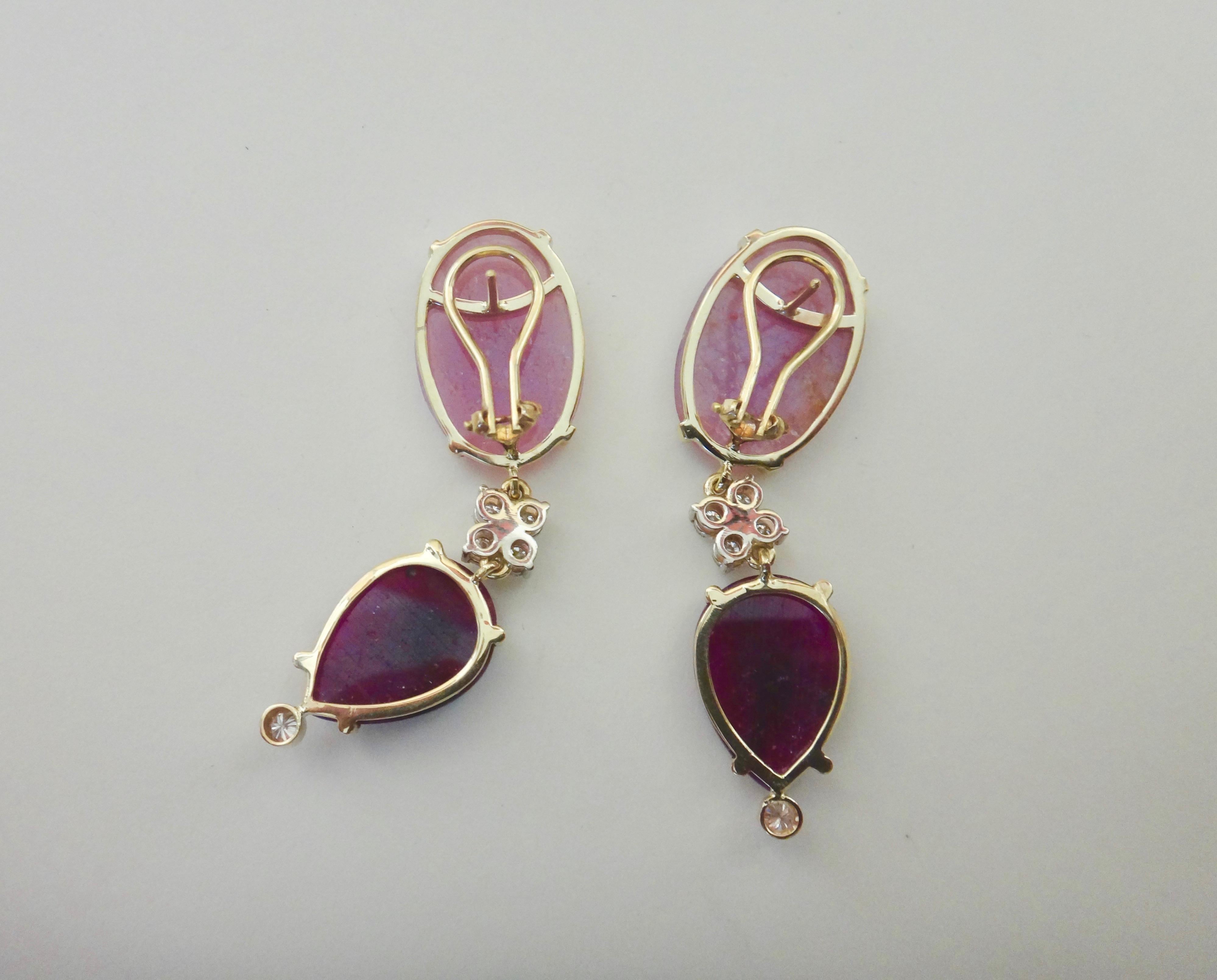 Michael Kneebone Pink Sapphire Ruby Slice White Diamond Dangle Earrings In New Condition For Sale In Austin, TX
