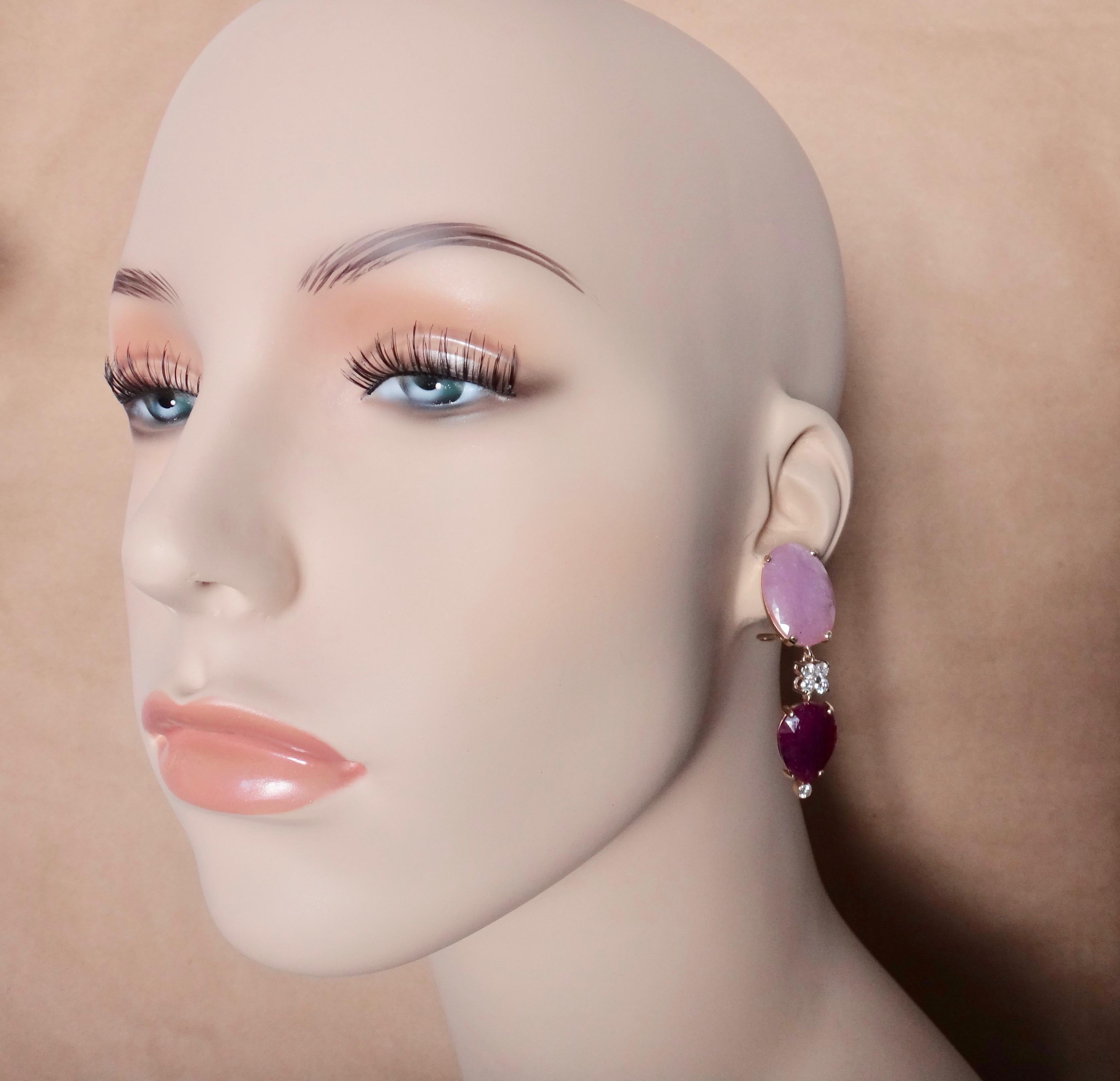 Women's or Men's Michael Kneebone Pink Sapphire Ruby Slice White Diamond Dangle Earrings For Sale