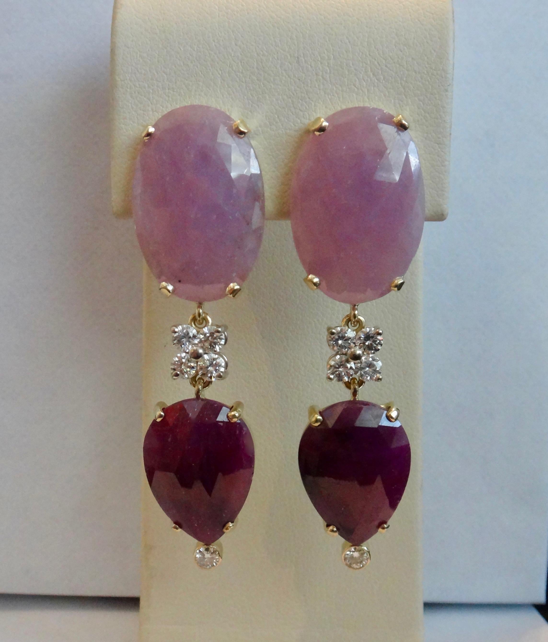 Michael Kneebone Pink Sapphire Ruby Slice White Diamond Dangle Earrings For Sale 1