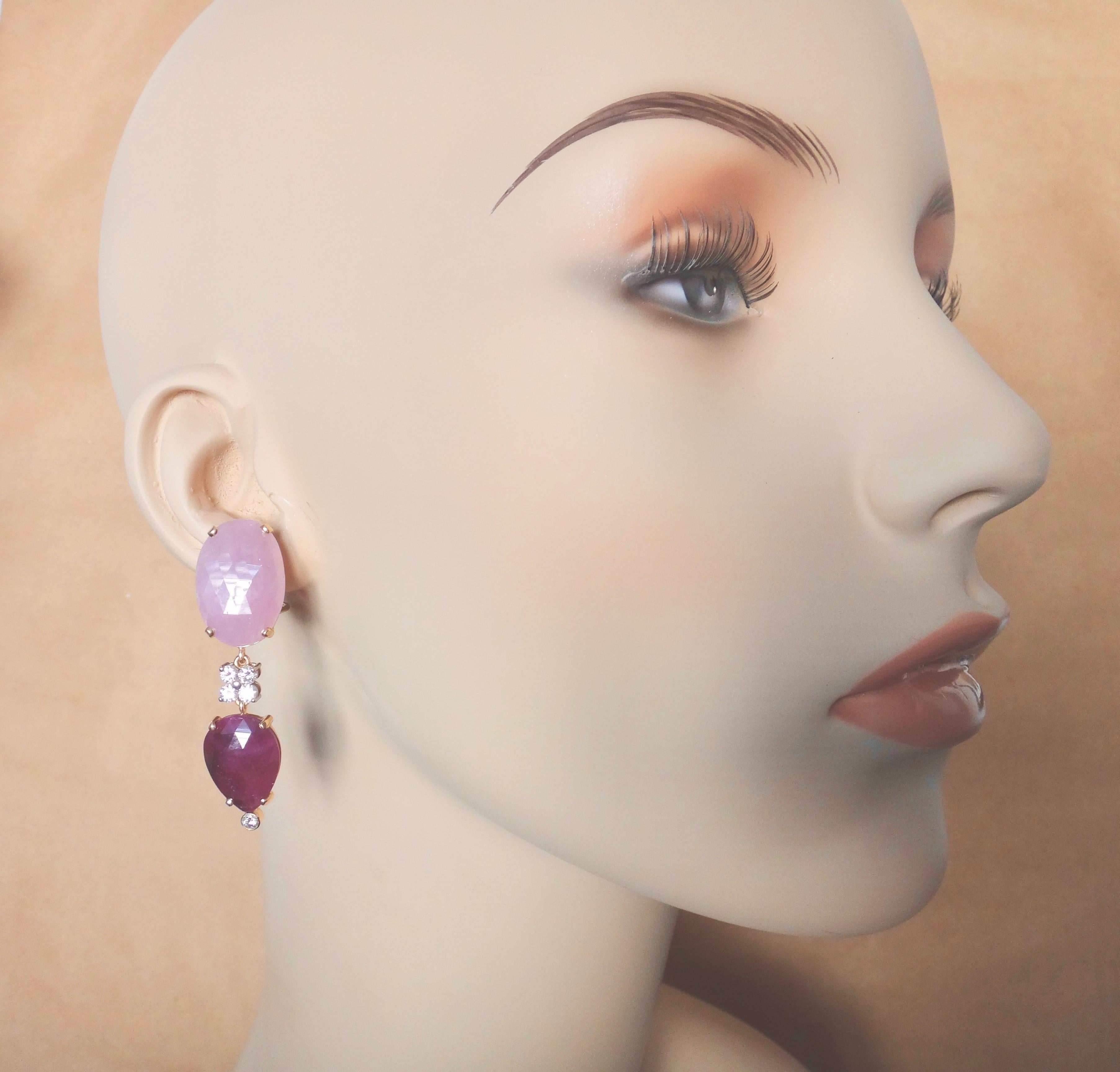 Michael Kneebone Pink Sapphire Ruby Slice White Diamond Dangle Earrings For Sale 2