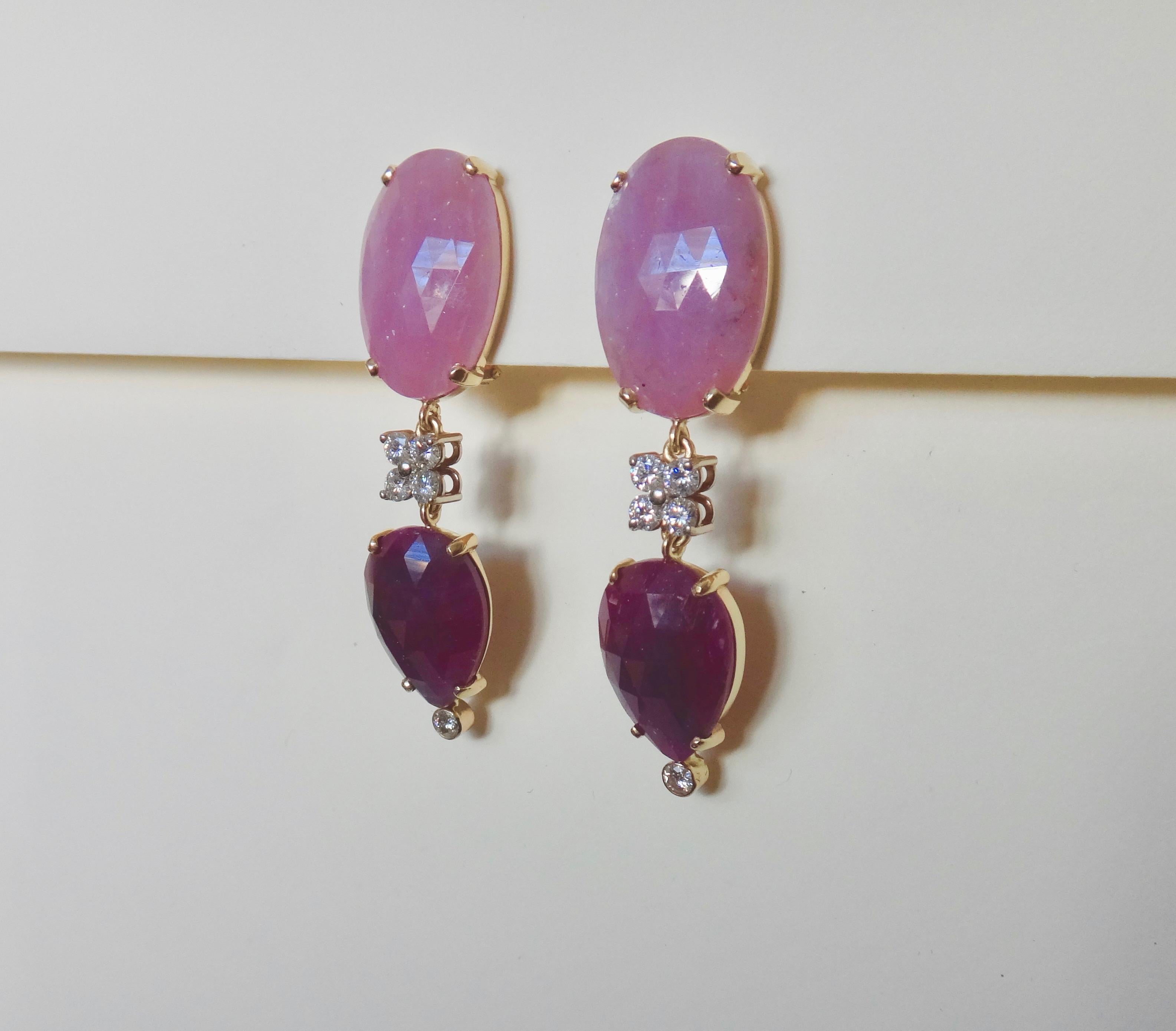 Michael Kneebone Pink Sapphire Ruby Slice White Diamond Dangle Earrings For Sale 3