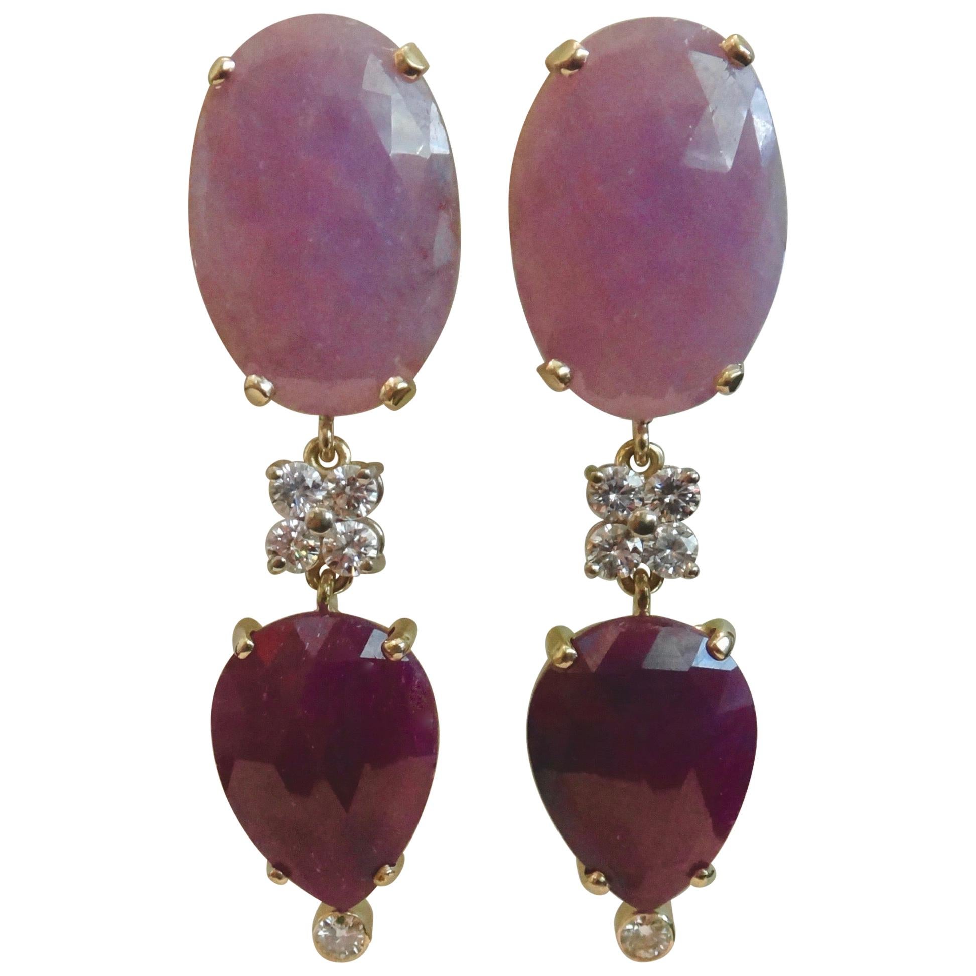Michael Kneebone Boucles d'oreilles pendantes en saphir rose, rubis et diamants blancs en tranches