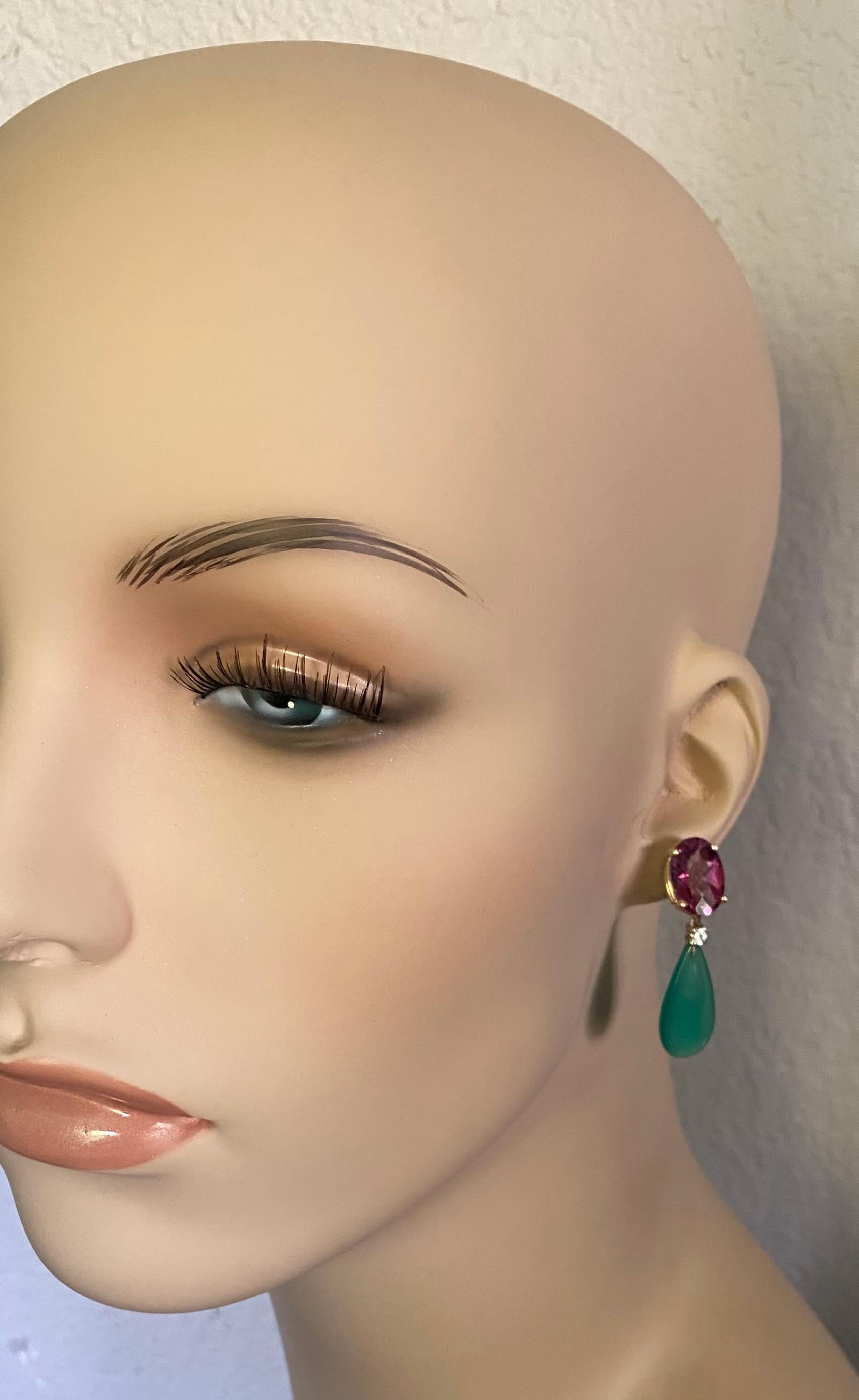 Michael Kneebone Pink Topaz Diamond Green Onyx Dangle Earrings In New Condition For Sale In Austin, TX