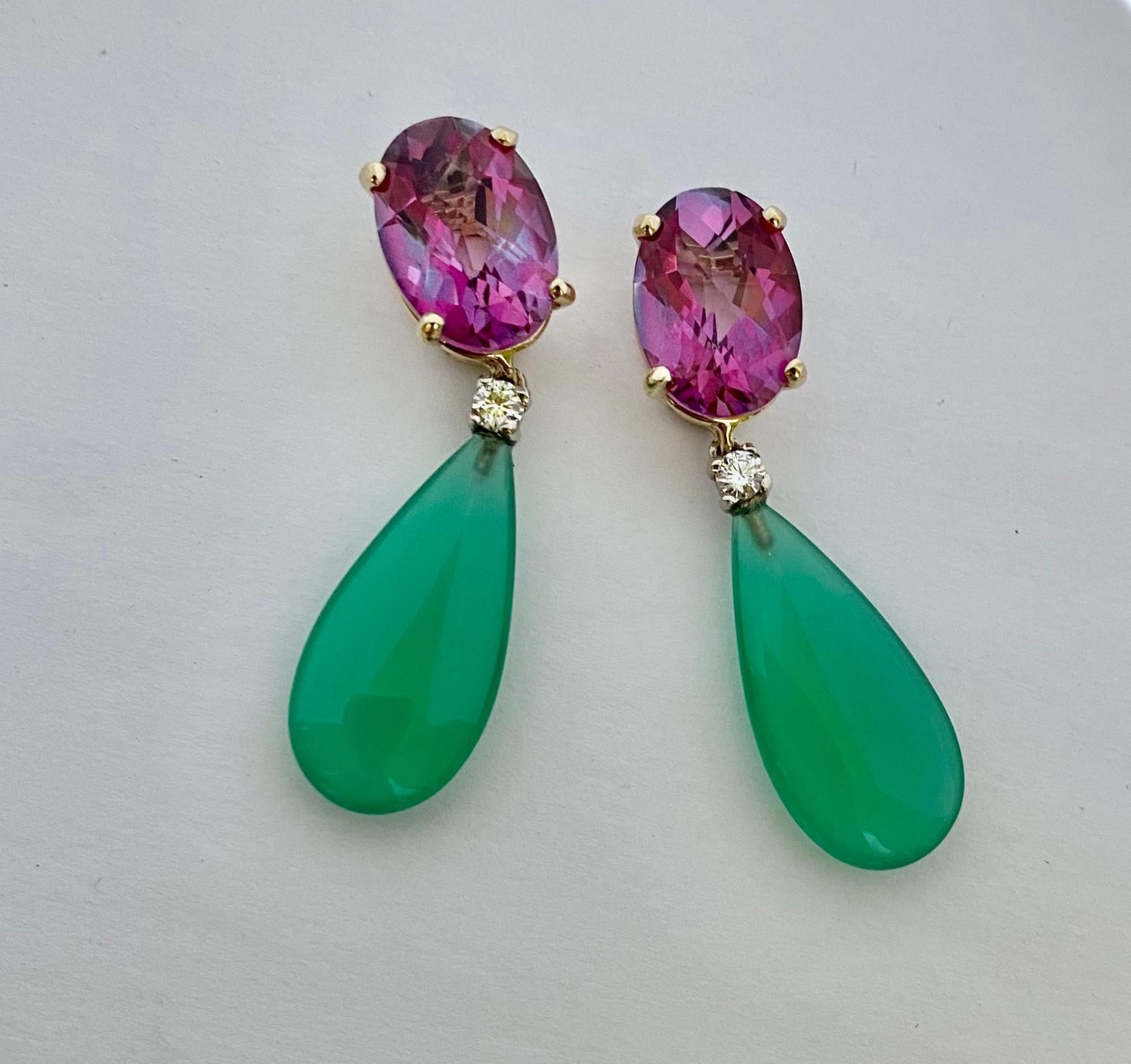 Women's Michael Kneebone Pink Topaz Diamond Green Onyx Dangle Earrings For Sale