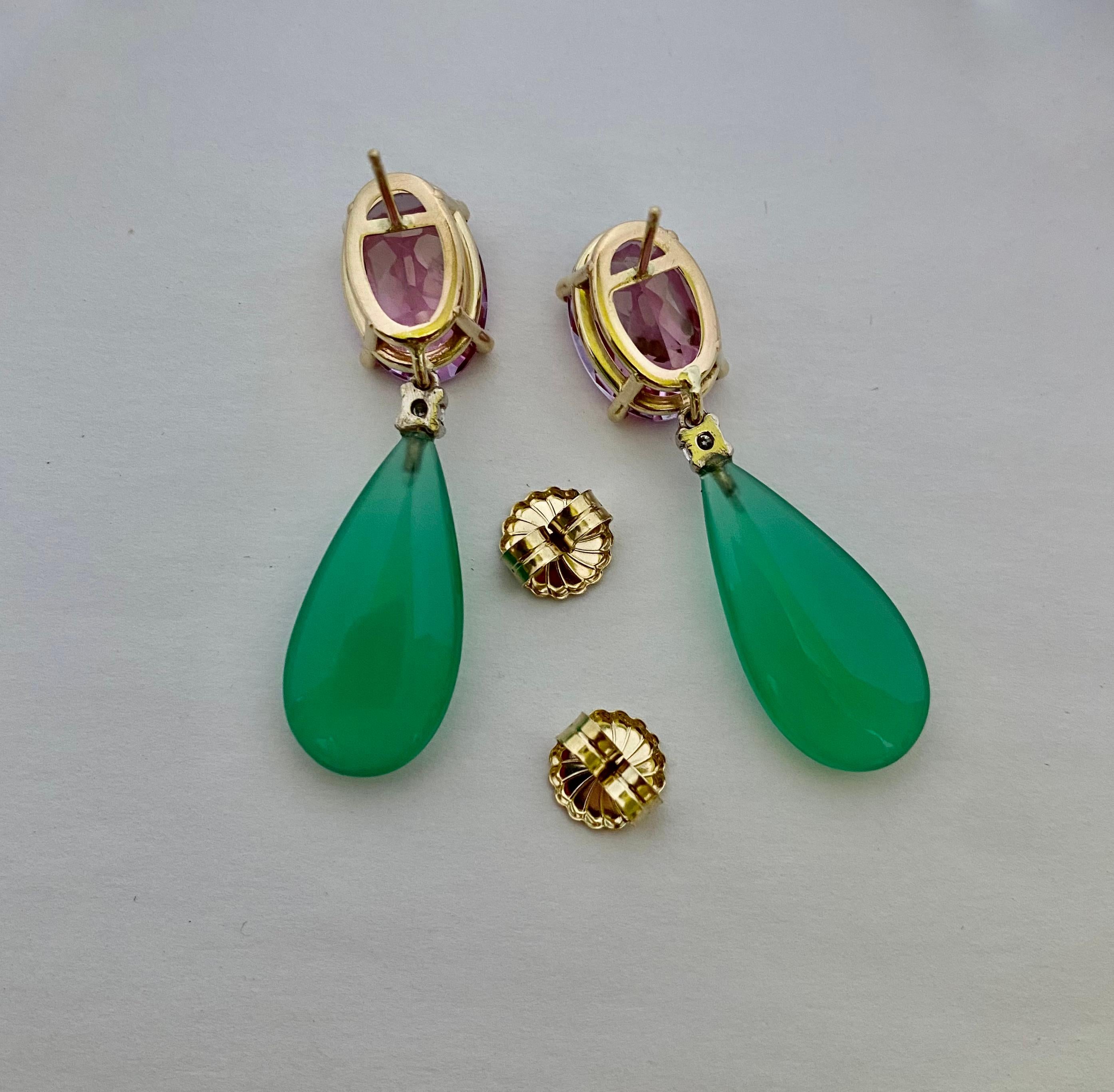 Michael Kneebone Pink Topaz Diamond Green Onyx Dangle Earrings For Sale 2