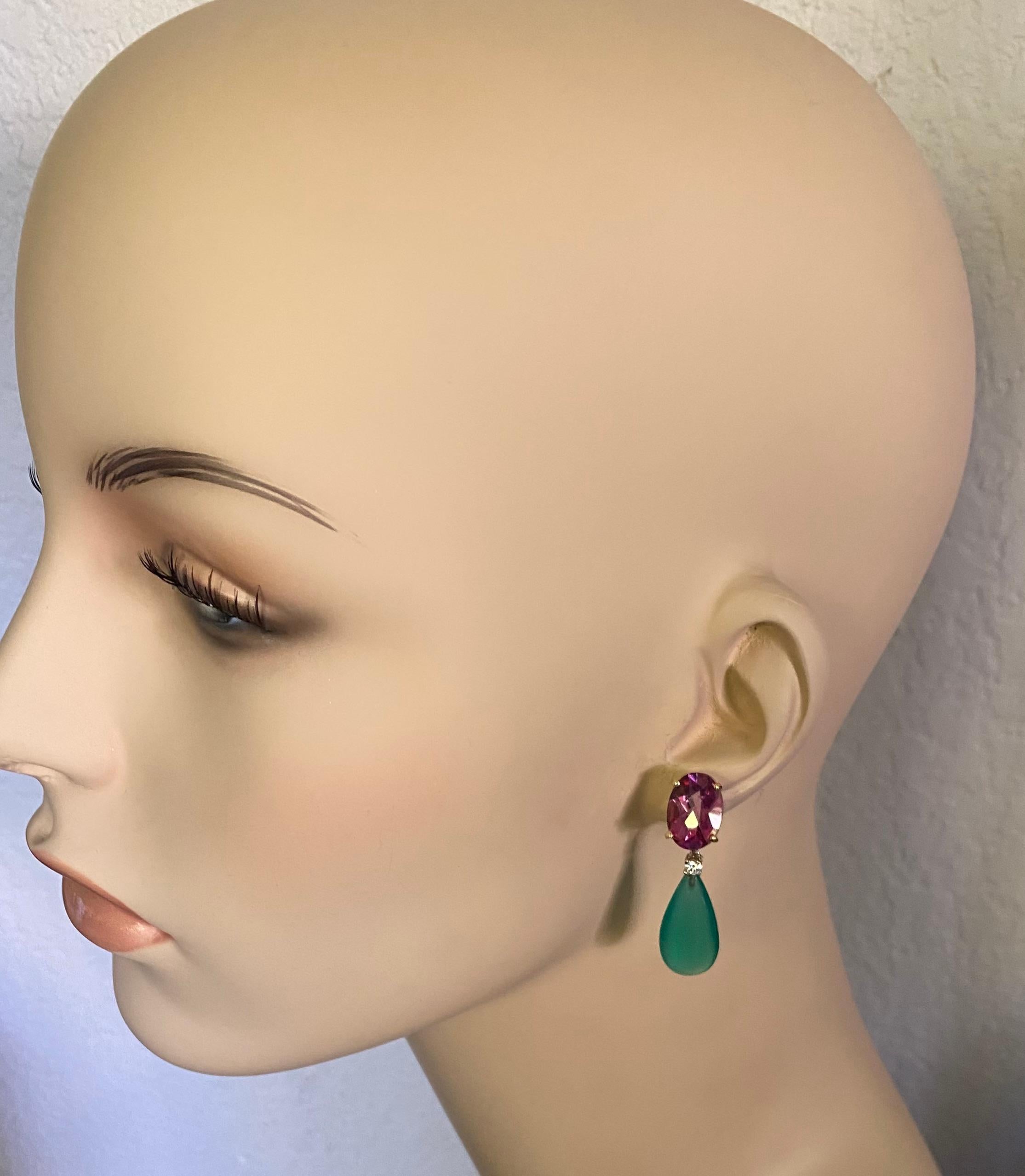 Michael Kneebone Pink Topaz Diamond Green Onyx Dangle Earrings For Sale 3