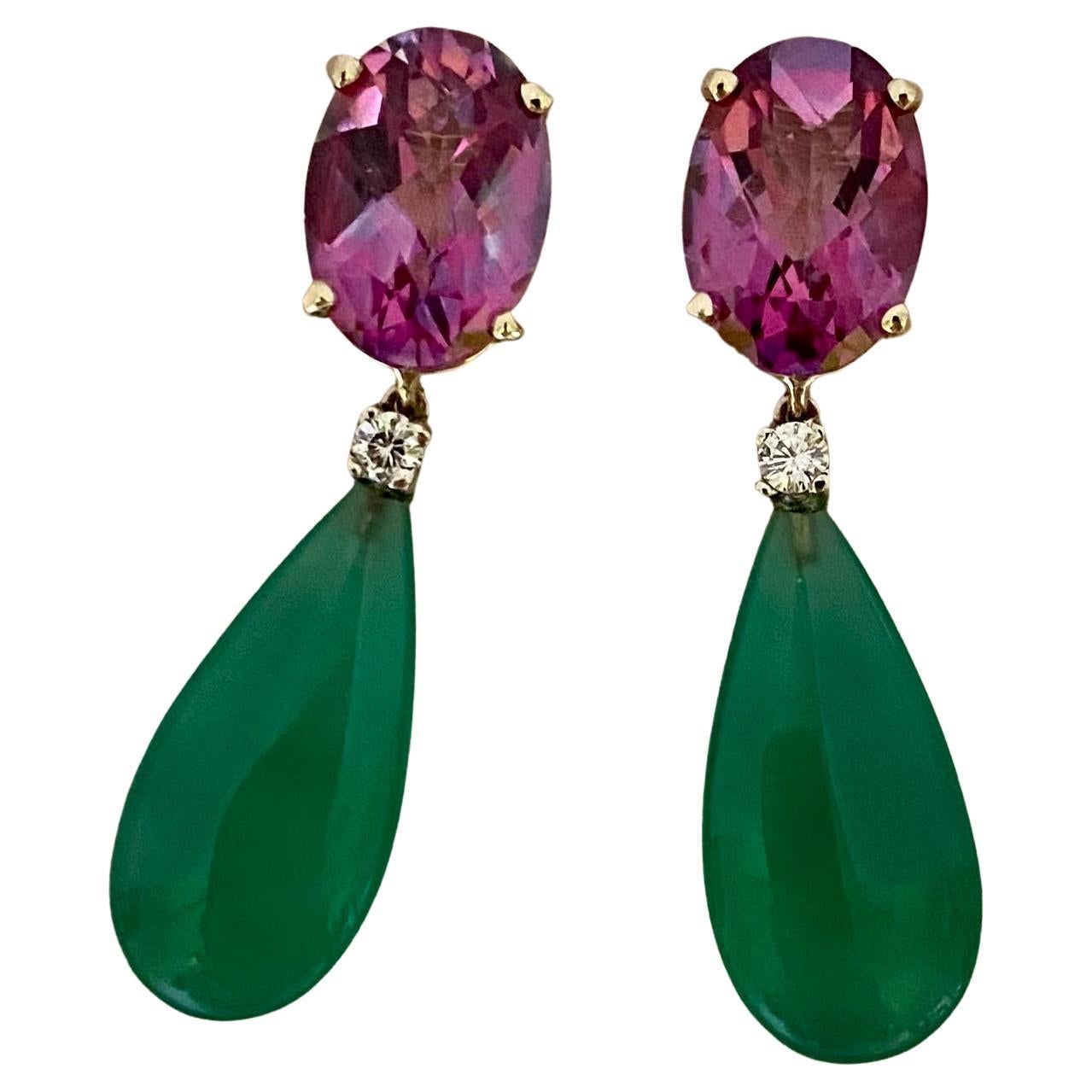 Michael Kneebone Pink Topaz Diamond Green Onyx Dangle Earrings For Sale