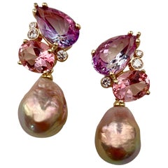 Michael Kneebone Pink Topaz Diamond Kasumi Pearl Dangle Earrings