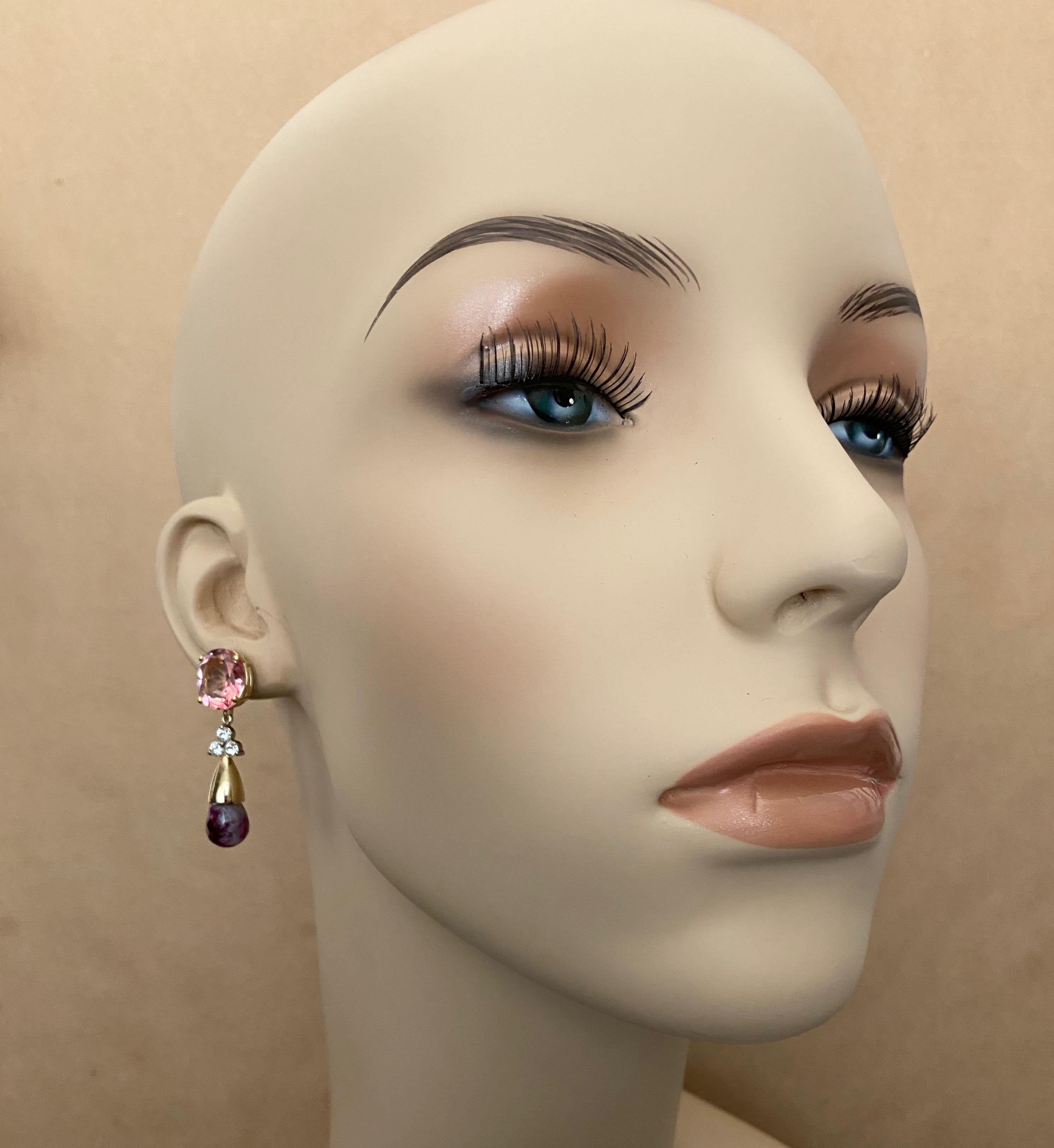 Michael Kneebone Pink Topaz Diamond Ruby in Quartz Briolette Dangle Earrings For Sale 1