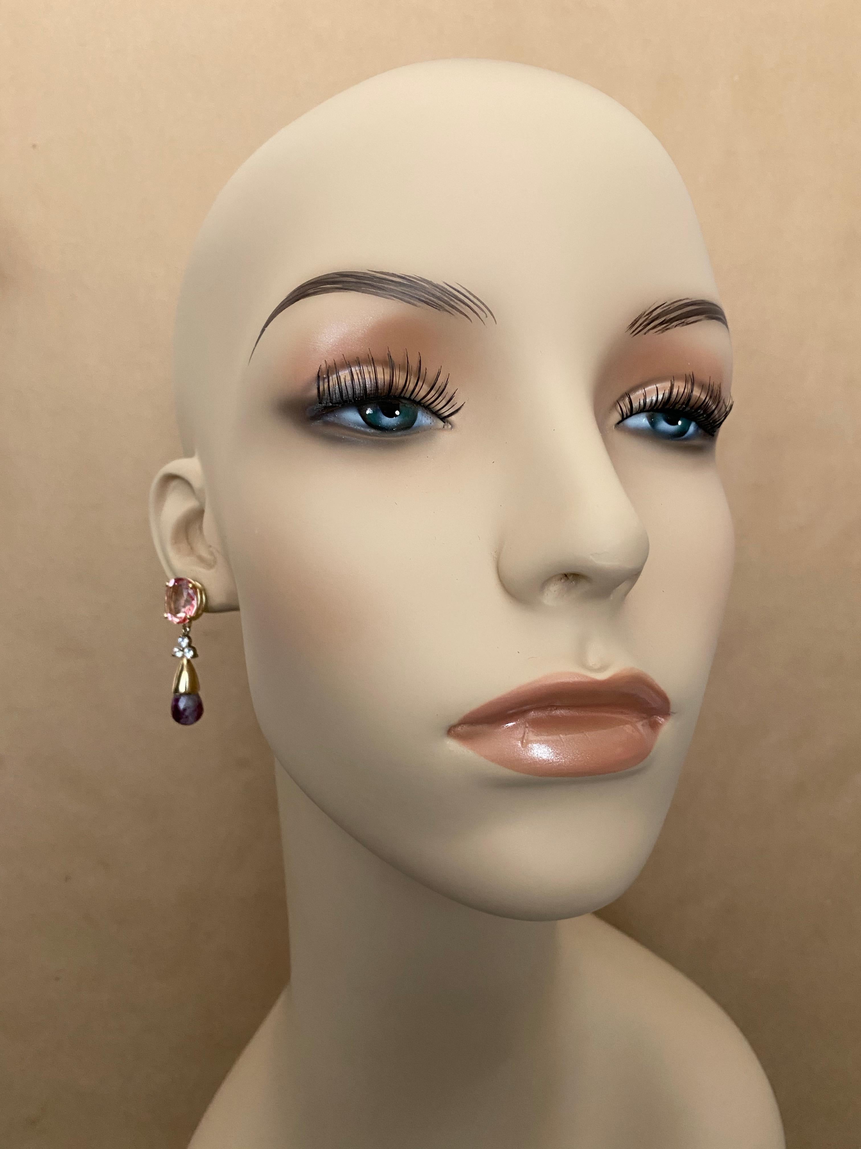 Contemporary Michael Kneebone Pink Topaz Diamond Ruby in Quartz Briolette Dangle Earrings For Sale