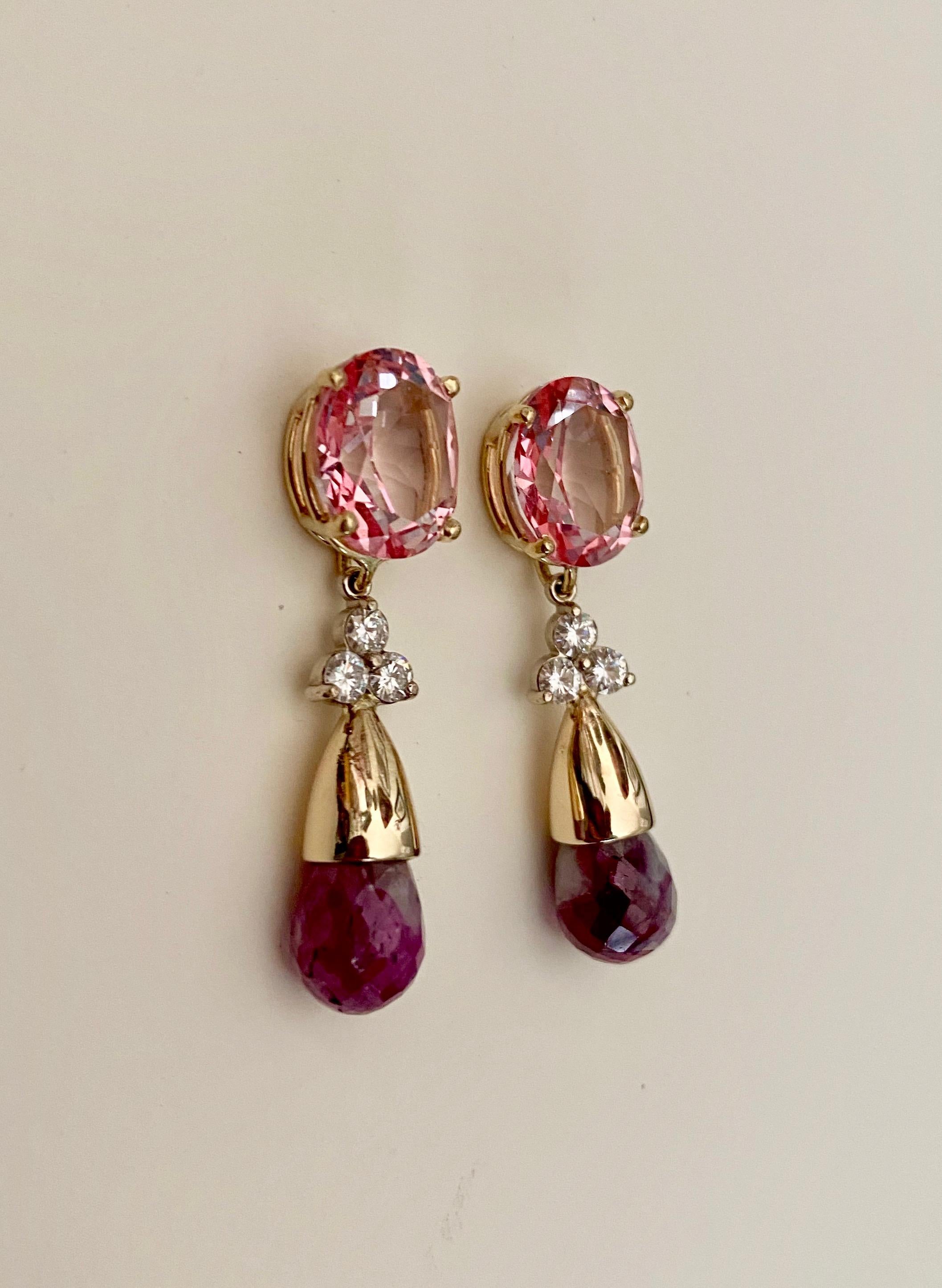 Mixed Cut Michael Kneebone Pink Topaz Diamond Ruby in Quartz Briolette Dangle Earrings For Sale