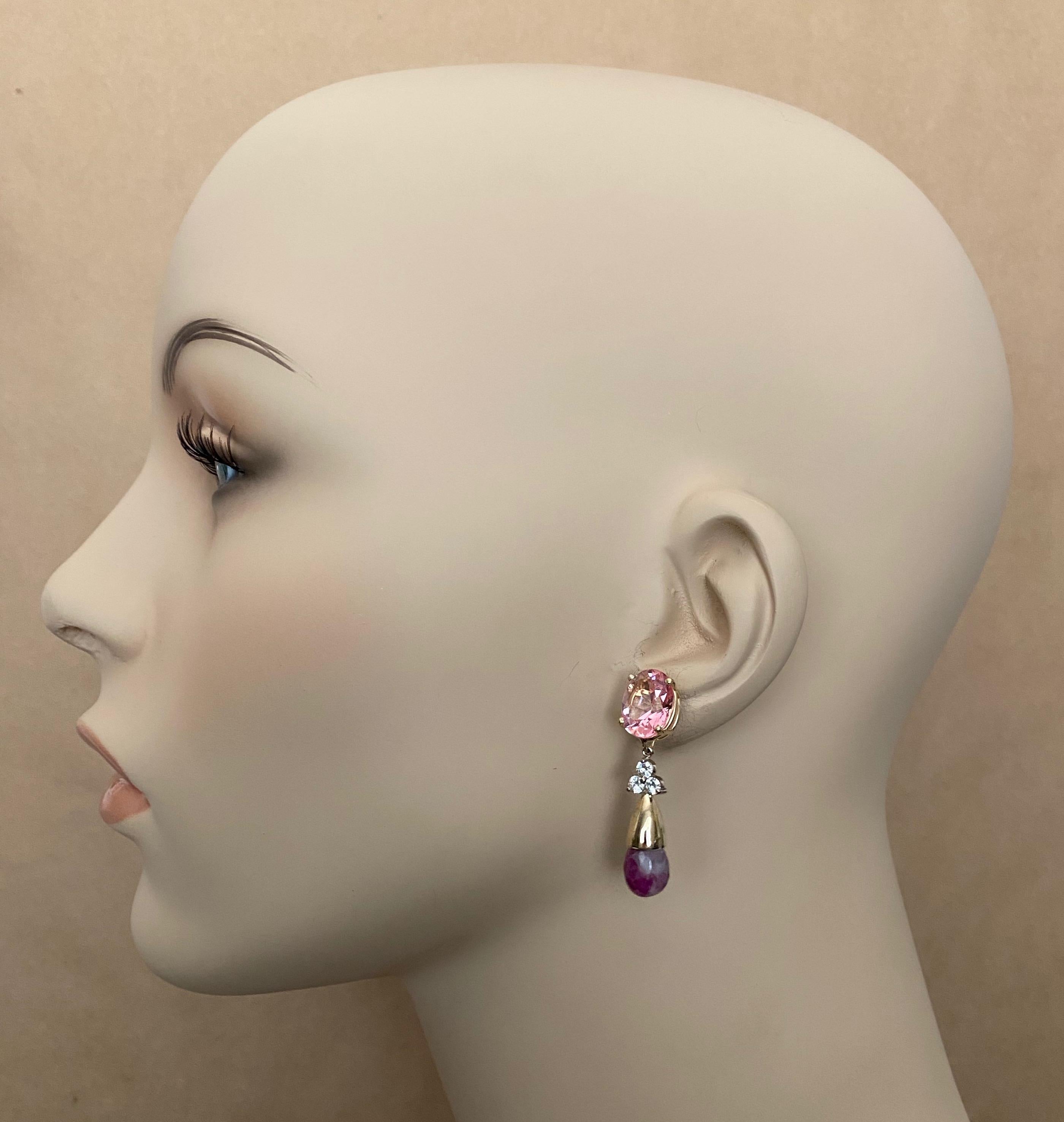 Michael Kneebone Pink Topaz Diamond Ruby in Quartz Briolette Dangle Earrings In New Condition For Sale In Austin, TX