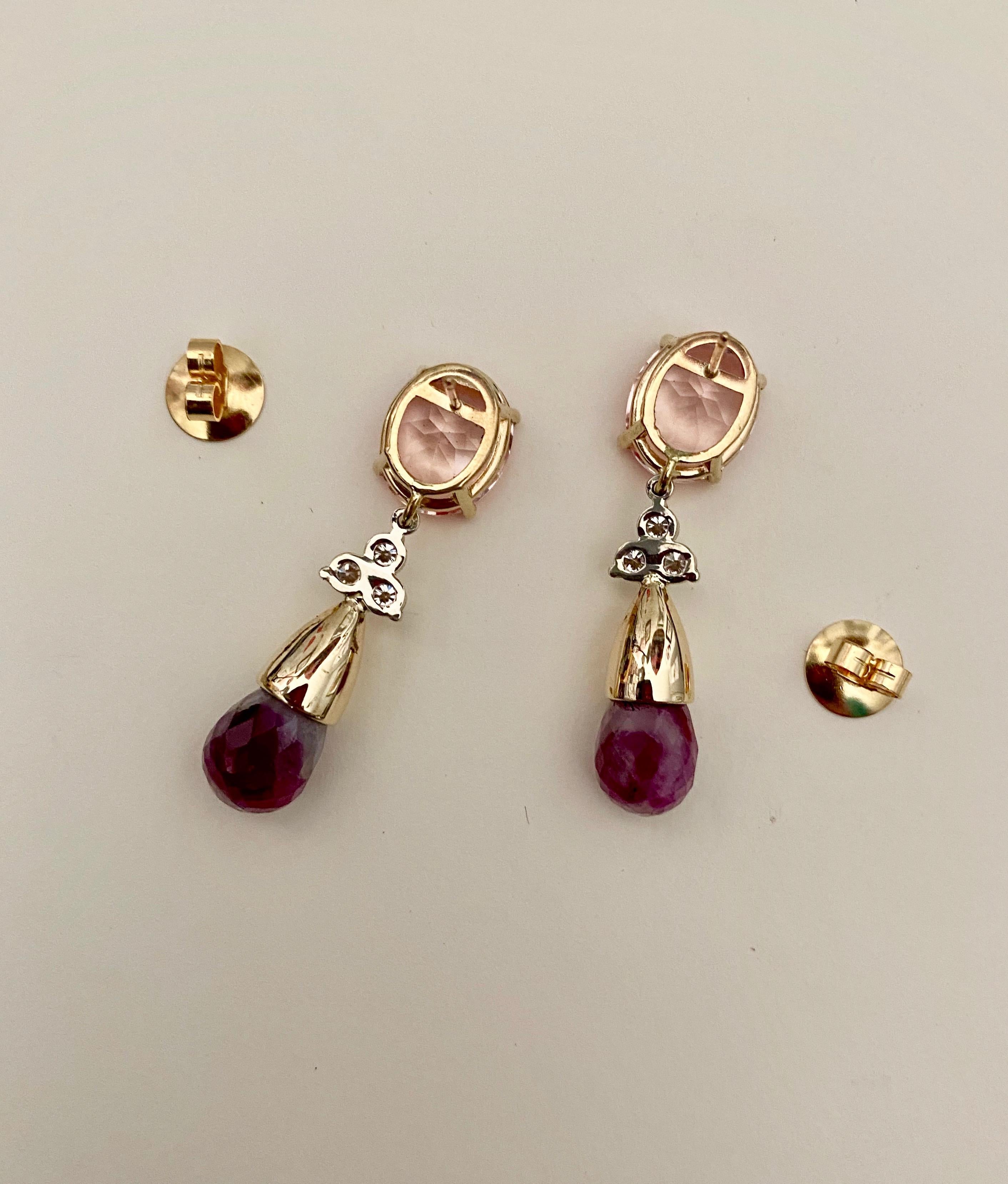 Women's Michael Kneebone Pink Topaz Diamond Ruby in Quartz Briolette Dangle Earrings For Sale